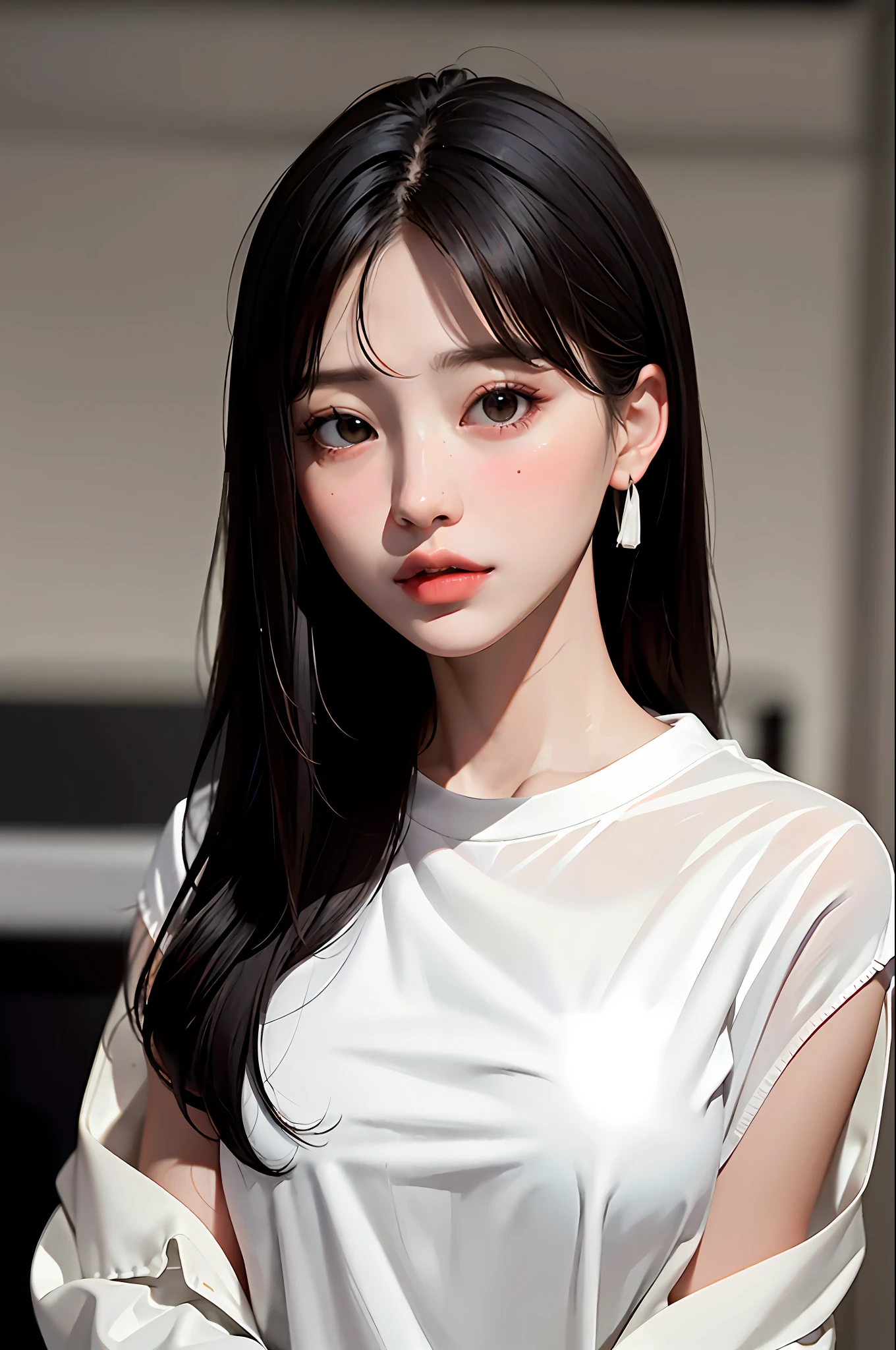 Masterpiece, best quality, (dark photo: 1.3), realistic, 1girl, flat bangs, stunning innocent symmetrical face, shirt, emotional, ulzzang, (PureErosFace_V1: 0.7)