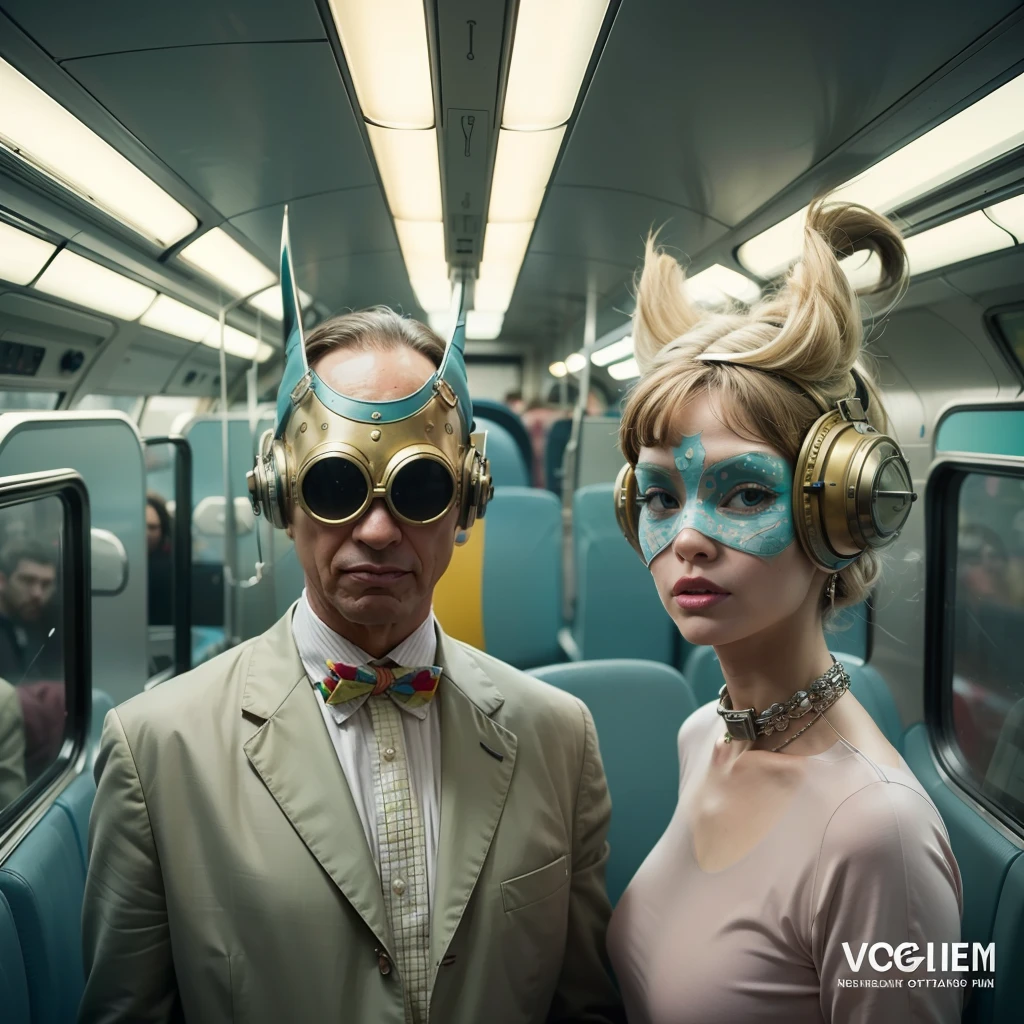 8k, photorealistic, hyper detailed, intrincate, outstanding picture, 8k portrait of a 1960's sci-fi by Karel Zeman, vogue 1960's, pastel colors, male with a fish mask wearing weird retro futuristic clothes and a female wearing glass helmet and techno ornaments in the bus, natural light, psychedelia, weird futuristic, photorealistic, hyper detailed, sharp focus, intrincate, medium close-up