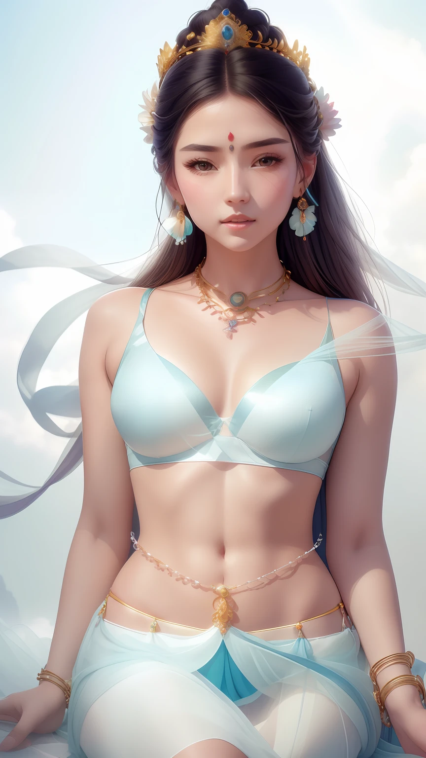 Venus, Goddess of beauty,Refreshing and blue,Hair hanging down the shoulders,A delicate and ornate crown,inlaid gemstones,((long hair flowing)),choker necklace,Yingluo,Fair and delicate skin,bangle,ankle bracelets,flowing clouds,fresh flowers,(nice hand),(Good feet),(good legs),realisticlying,white skinned,Only on the shoulders there are streamers,Light gauze bra,Blowing in the wind,Kim In-ro belt,Silk skirt floating,((Correct body structure)),decorated in white,with blue sky and white clouds,Clean skies,Head background with round light,Behind him is a faint rainbow circle,Front lighting,No shadows on the face,Unreal space,ethereal world,dreamworld,tmasterpiece,4K,ultra-definition,professional photoshooting,