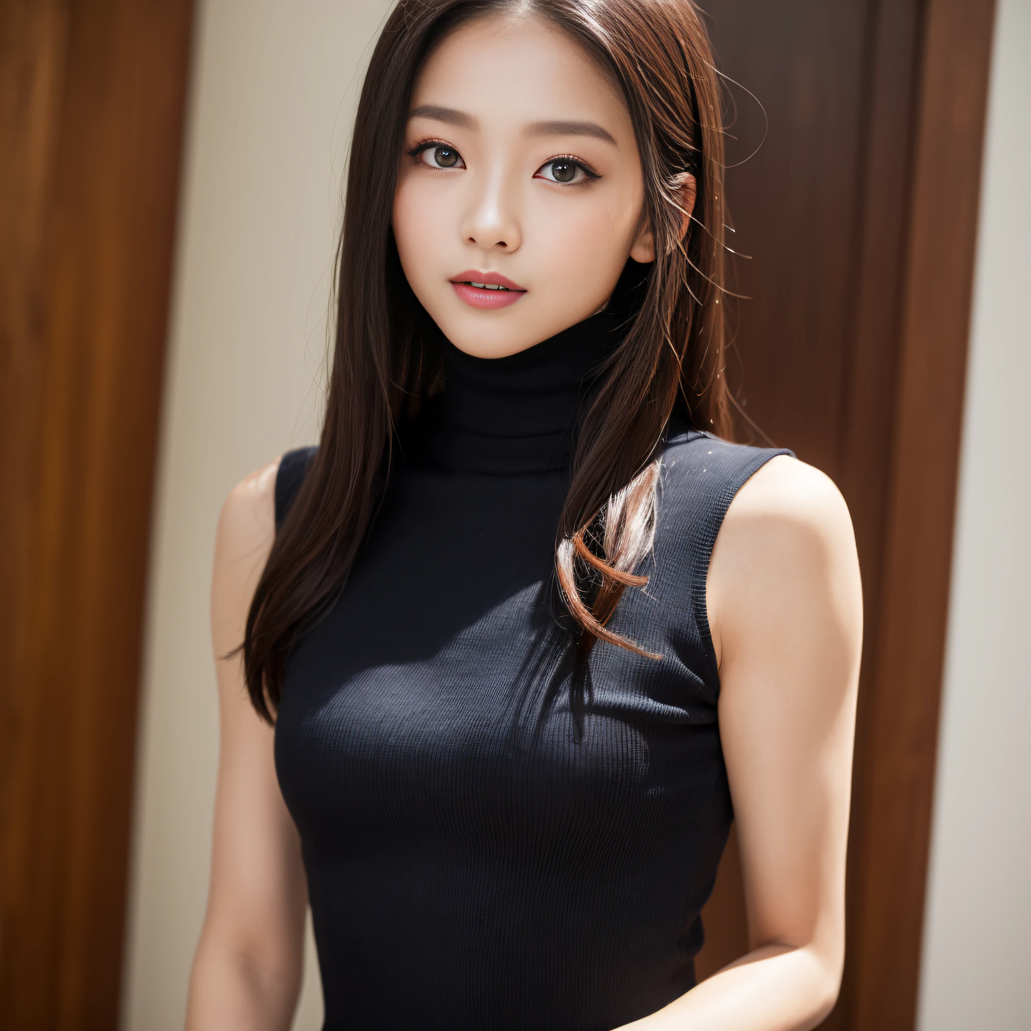 ((best qualtiy、8k masterpieces:1.3))、foco nítido:1.2、(ultra beautiful faces:1.0)、(shinny skin:1.0)、photos realistic、A dark-haired、Video Lighting、High-definition eyes and face、Video Lighting、(Korean Cute Actress)、from the front side、medium breasts、ssmile、Sleeveless、Slender Abs Beauty、Whole body、turtle neck