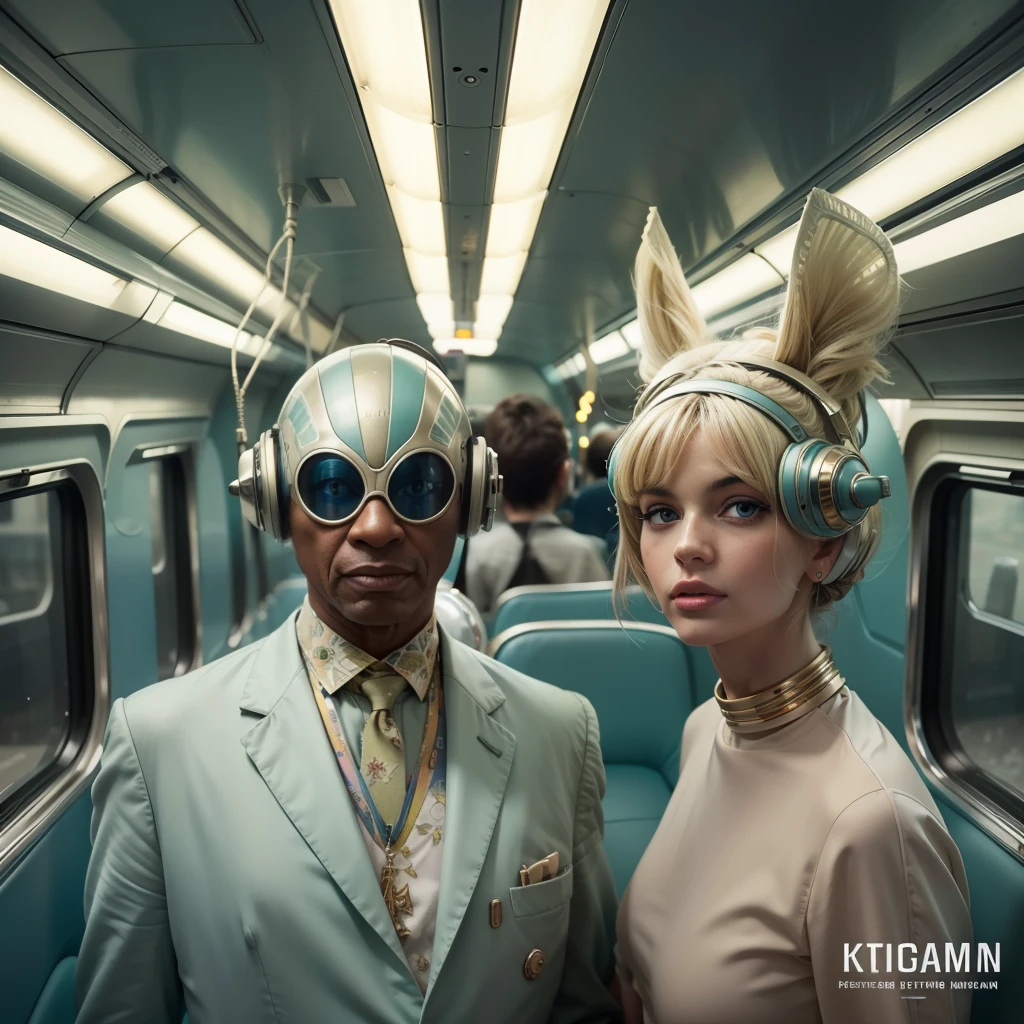 8k, photorealistic, hyper detailed, intrincate, outstanding picture, 8k portrait of a 1960's sci-fi by Karel Zeman, vogue 1960's, pastel colors, male with a fish mask wearing weird retro futuristic clothes and a female wearing glass helmet and techno ornaments in the bus, natural light, psychedelia, weird futuristic, photorealistic, hyper detailed, sharp focus, intrincate, medium close-up