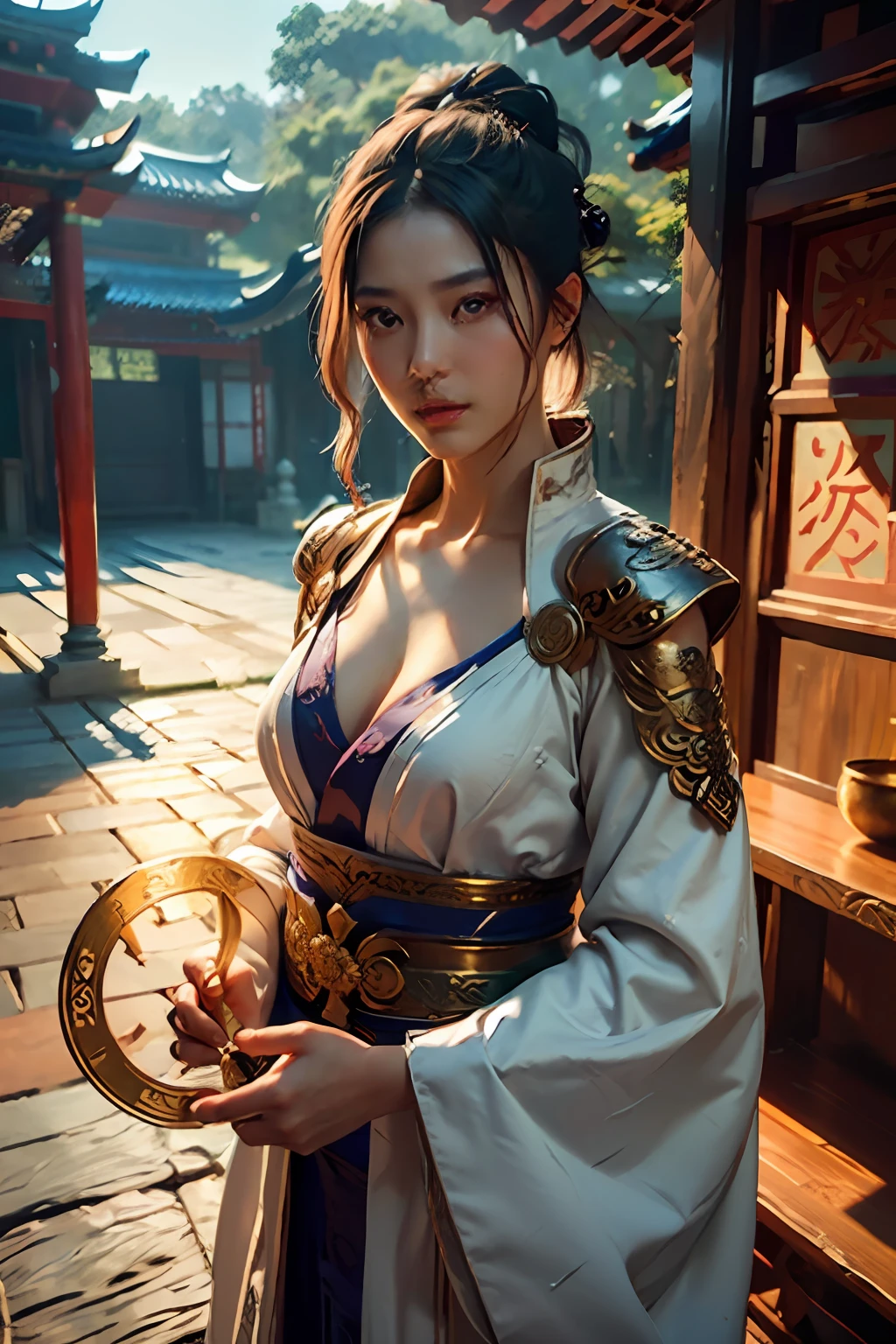 Best quality,masterpiece,ultra high res,(photorealistic:1.4),xiuxian,weapon,Detailed face,
1girl,solo,weapon,cleavage,(magic circle:1.2),xiuxian,upper body,Beautiful girl,full body,east asian architecture,sheath,architecture,