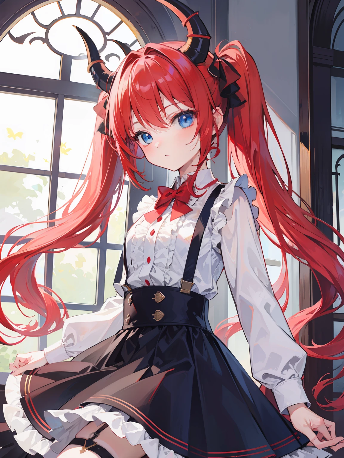 {{best quality}}, {{masterpiece}}, {{ultra-detailed}}, {illustration}, {detailed light}, red hair,blue eyes,twintails,lolita,Suspenders skirt,Fantastic,loli,solo,Dragon horns, girl,long hair