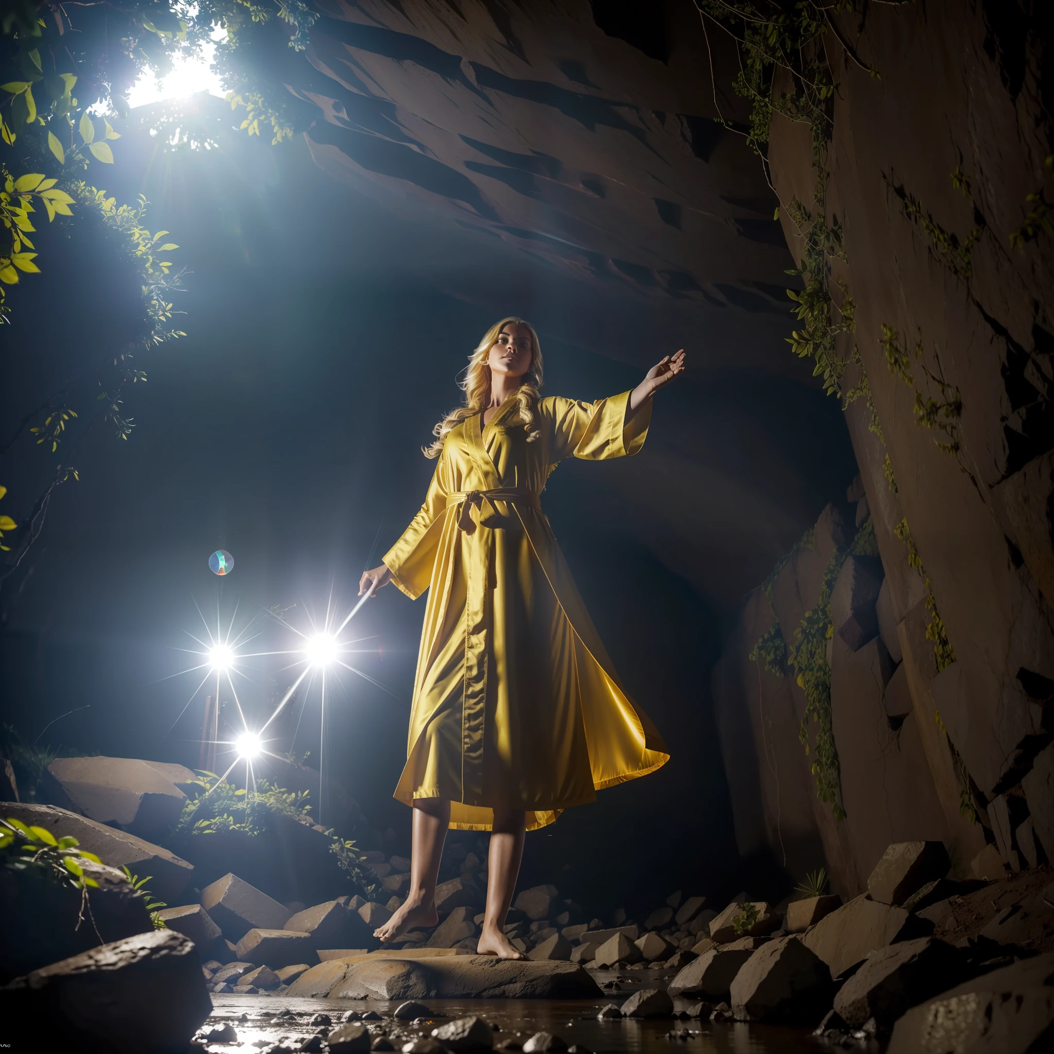Summoner barefoot female levitating with blonde hair, robes and arms of cloak raised on a broken earth, luz de lava brilhante de baixo do campo de asteroides (rochas irregulares, pedregulhos e detritos disparando para o ar:1.3) (tempestade de detritos de poeira ventosa:1.1) Volumetric mist mist ray tracing z pass bright light from below, (obra-prima) (melhor qualidade) (detalhado) (8k) (cinematic lighthing) (foco nítido) (intrincado). roto perfeito,
