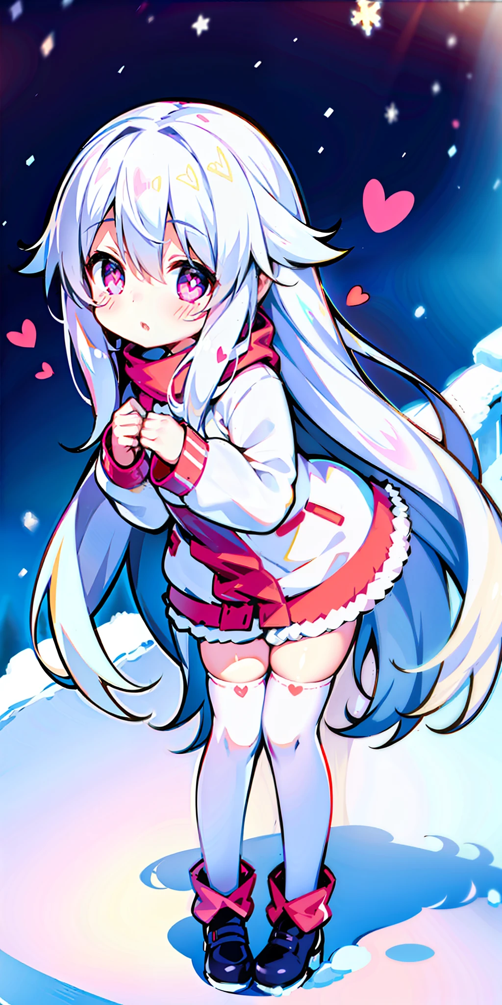 Loli, long hair, cute, heart-shaped pupils, solo, white hair, blush, winter, snow, outdoors, white stockings, standing