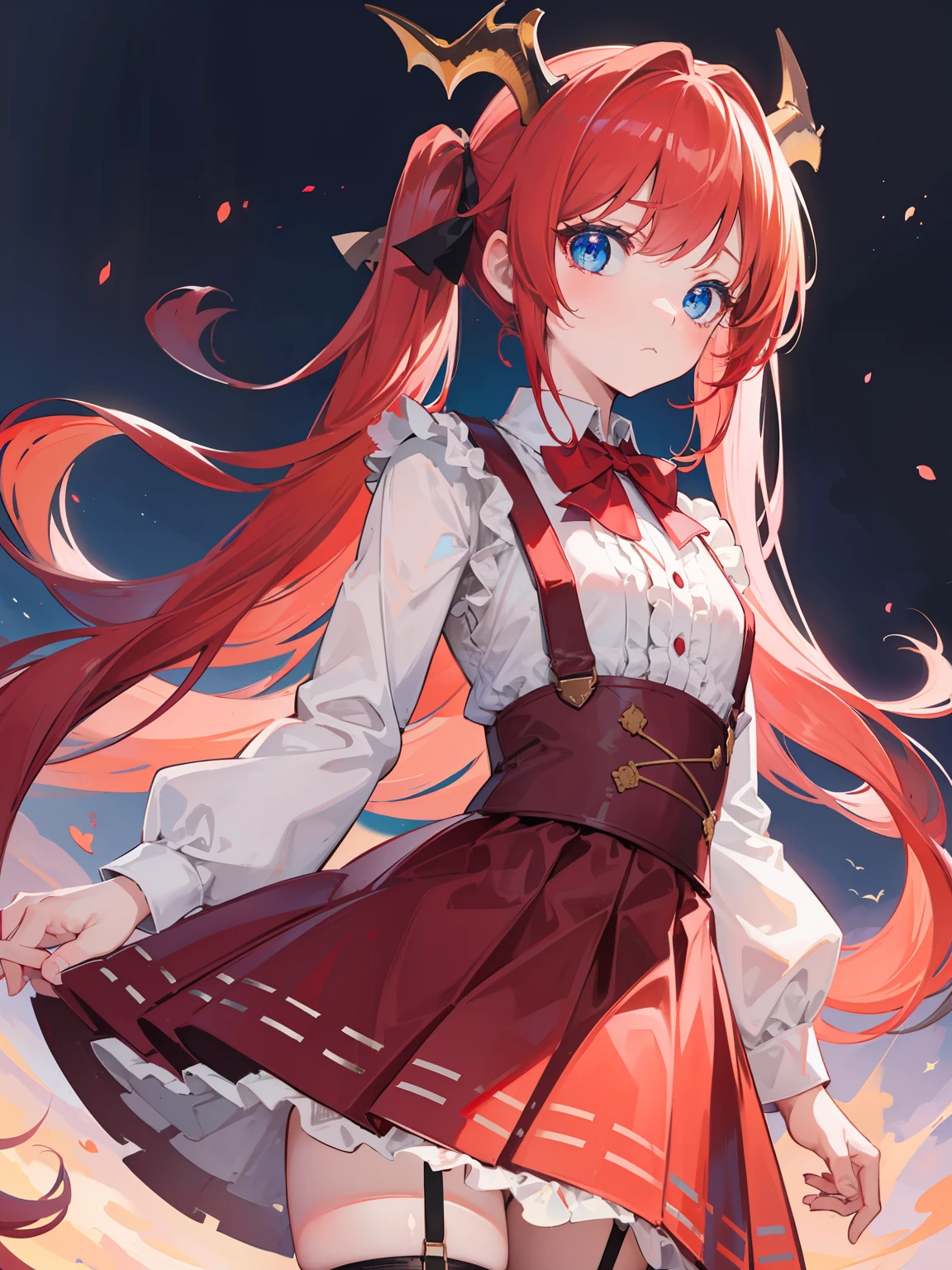 {{best quality}}, {{masterpiece}}, {{ultra-detailed}}, {illustration}, {detailed light}, red hair,blue eyes,twintails,lolita,Suspenders skirt,Fantastic,loli,solo,Dragon horns,little girl,long hair