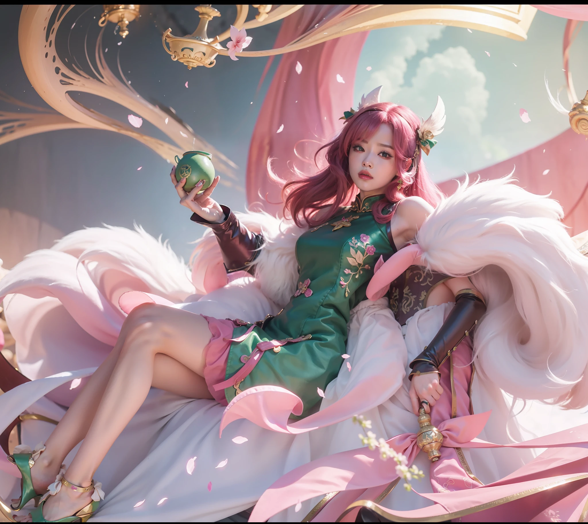 "Perfect,4K,Live cos,Pink hair,brown gauntlets,Bow with your hands,Green cheongsam,green high heels,Demon gas"