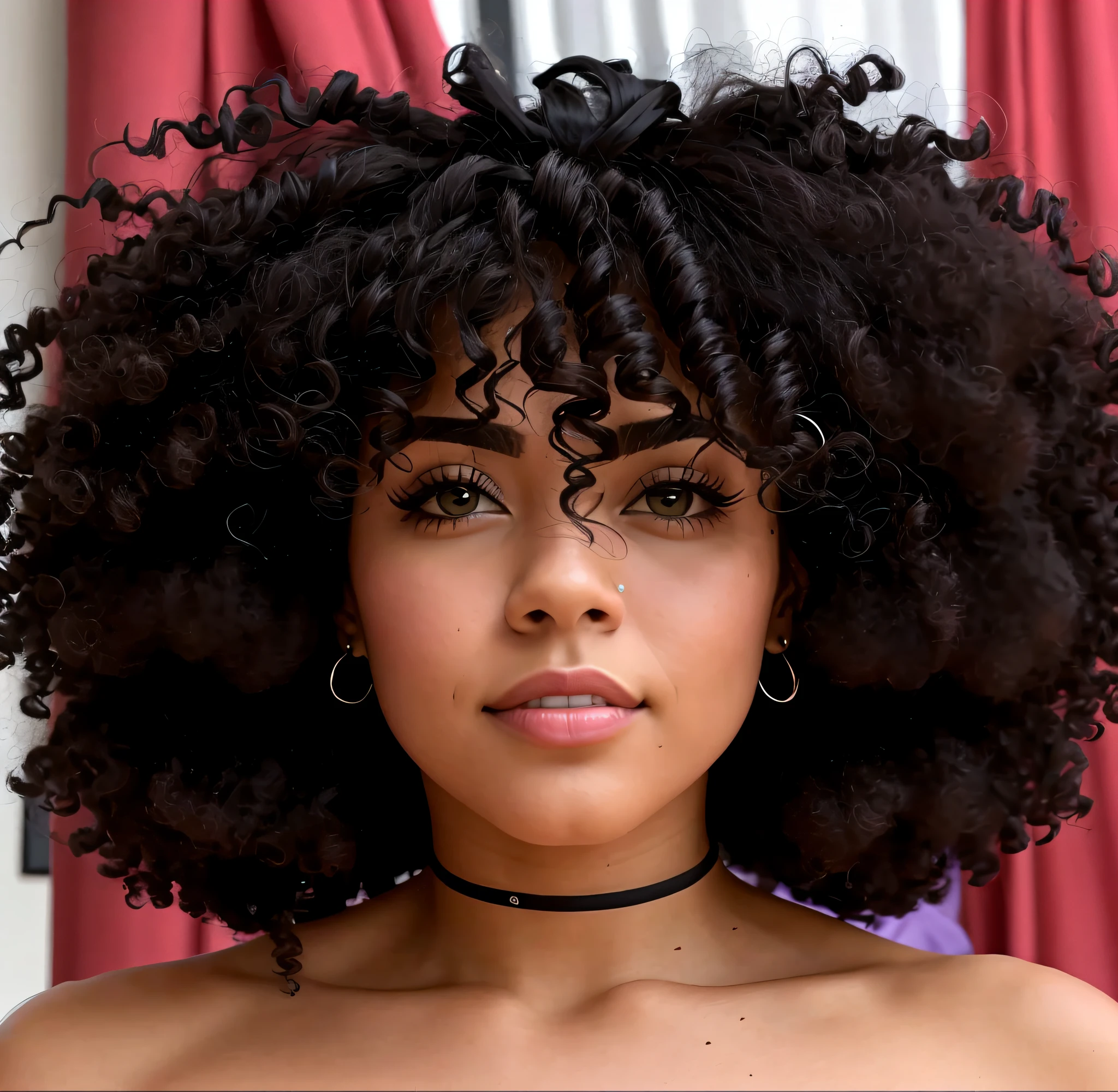 Um close up de uma mulher com um grande cabelo afro, boca fechada, com afro, grande afro, cabelos afro longos, afro encaracolado, cabelo afro, cabelos naturais, afro gigante!, afro, samurai bonito com afro, cabelo grande, flowing massive hair, com cabelo e pele texturizados, franja encaracolado, (cabelos cacheados escuros e curtos), cabelo encaracolado preto, franja fofa, cabelos fofos