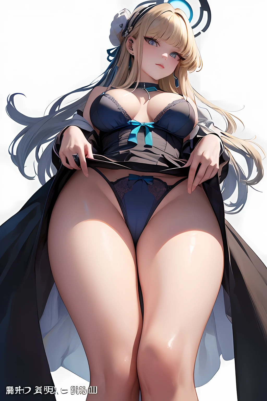 (((masterpiece、top-quality、top-quality、Official art、Beautifully Aesthetic:1.2)))、(1girl in:1.3)、(((a blond)))、ighly detailed、highestdetailed、(((Blue lingerie)))、(shinny skin)、(Many colors:1.4)、Colossal tits、large full breasts、Sheer areol