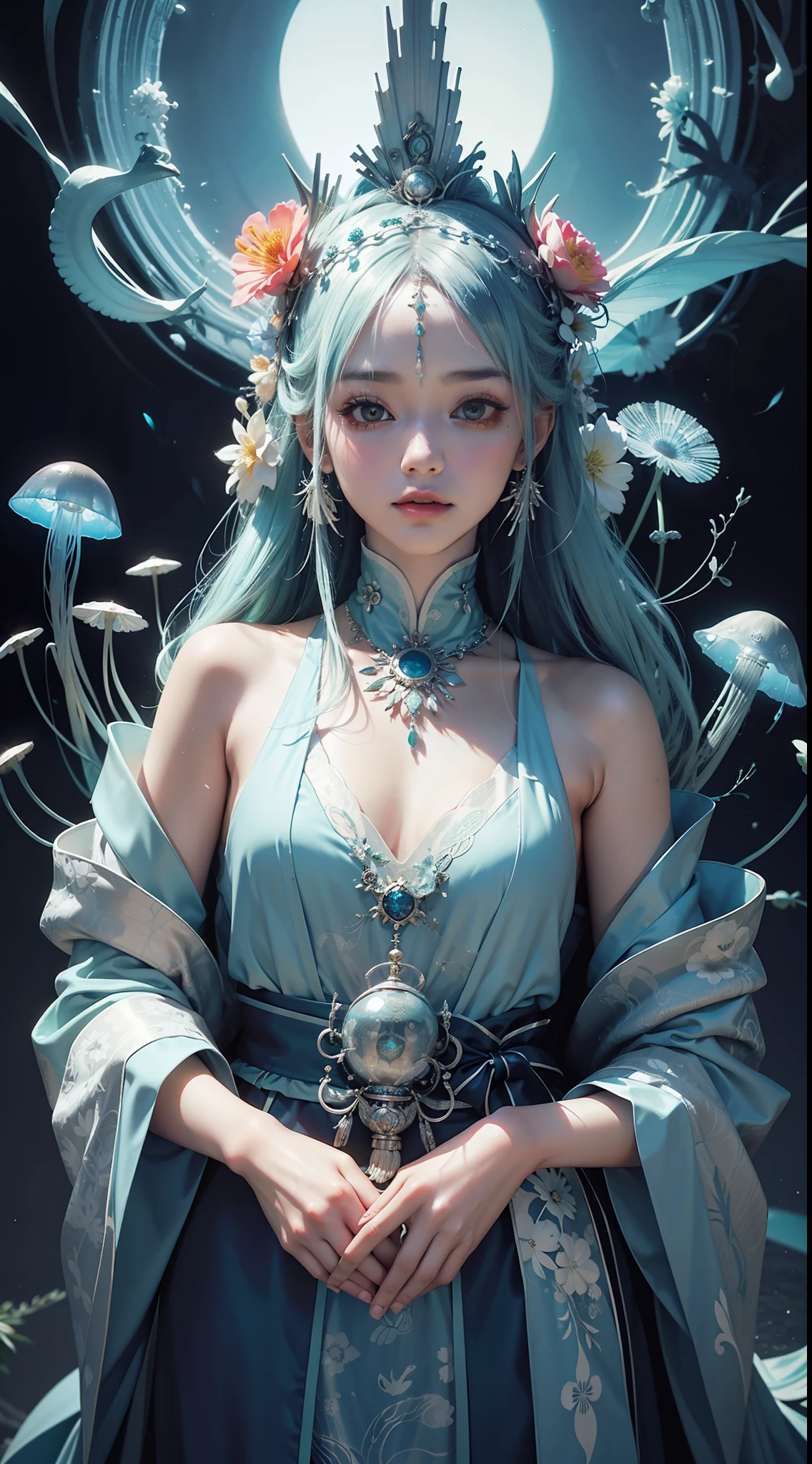 A woman in a costume of silver headdress and flowers,HmongCostume, jellyfish shrine maiden, jellyfish priestess, Intense light and shadow,fluorescence,glittery,anaglyph effect , Zhang Jingna, yoshitaka amano photorealistic, Björk aesthetics, inspired by Tsukioka Yoshitoshi, Flower shaman, Nick Knight, There are few flowerpunk bliss,Eerily dark atmosphere,best qualtiy,8K