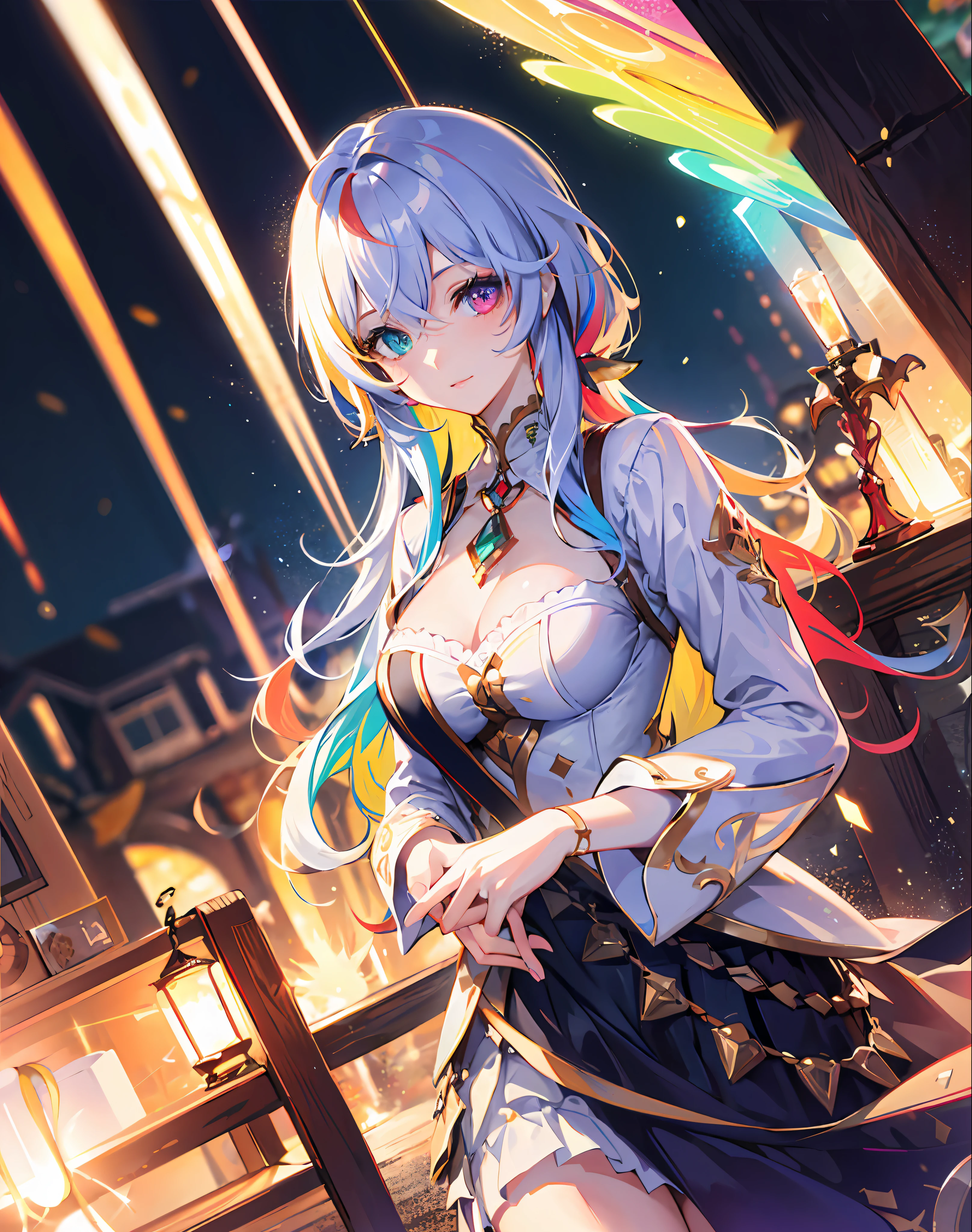{{masterpiece}}, best quality, cinematic lighting, lens flare, medium breasts, beautiful detail eyes, multicolor hair, colorful light particles, heterochromia, (colorful:1.5), (colorful hair:1.5),