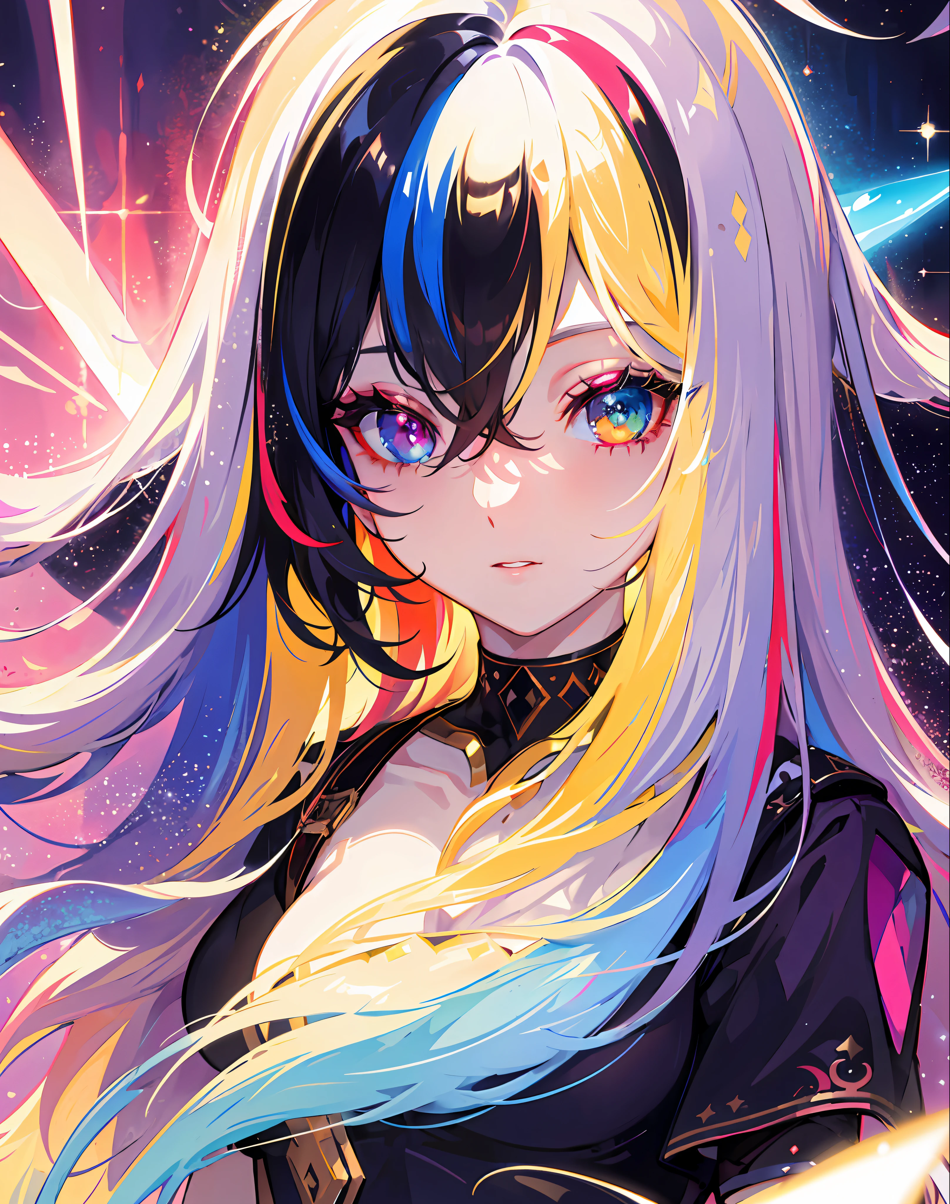 {{masterpiece}}, best quality, cinematic lighting, lens flare, medium breasts, beautiful detail eyes, multicolor hair, colorful light particles, heterochromia, (colorful:1.5), (colorful hair:1.5),