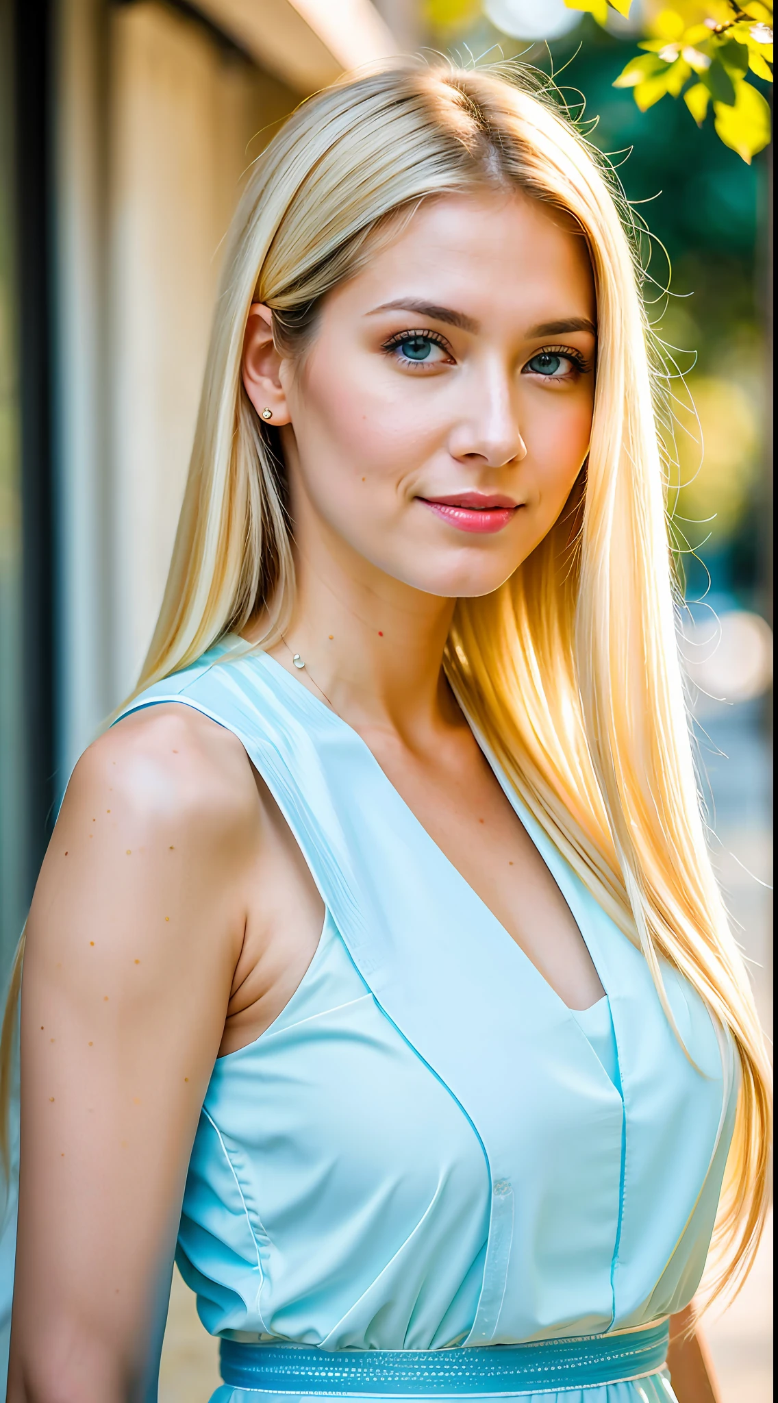 1 western woman, yellow long hair, beautiful white skin, 40 y.o , portrait shot, blue eyes, standing near a building, clearly face, rich detail, wearing light blue dress, with sun behind, bokeh, masterpiece, best quality, 8k uhd, dslr, film grain, taken by Nikon D700 photorealistic painting art by midjourney, sigma art 85mm, f1:2