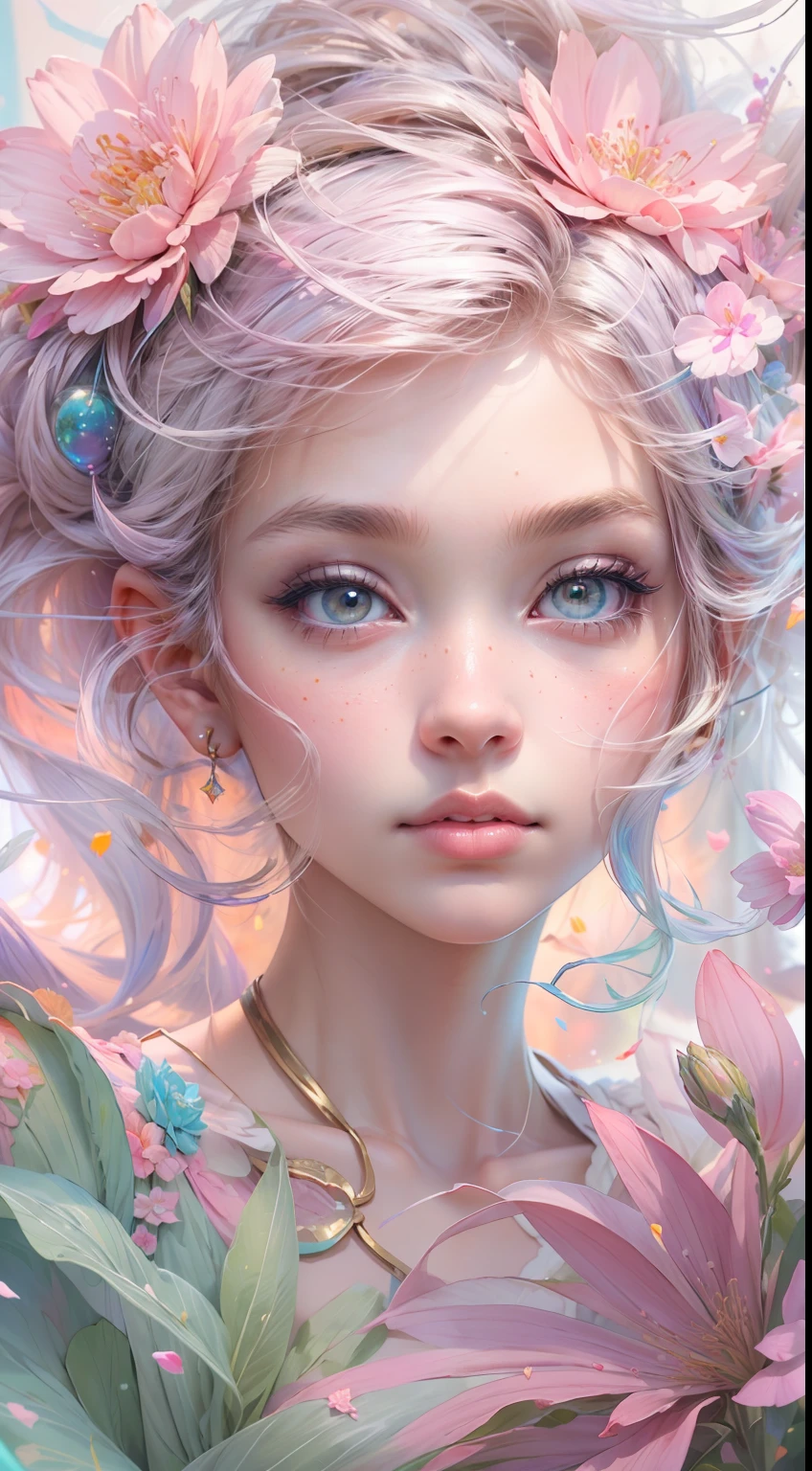 ((masterpiece)). This artwork is dreamy and ethereal, with soft pink watercolor hues. Generate a petite fairy exploring a bubblegum world with a wide variety of pastel shades. Her sweet, realistic face is extremely detailed and has puffy, big lips and stunning, highly realistic eyes. Her eyes are important and should be realistic, highly detailed, and beautiful. In high definition and detail, include lots of details like stars, galaxies, colorful bubbles, colorful petals, and lots of energy and emotion! Include fantasy details, enhanced details, iridescence, colorful glittering wind, and pollen. Pay special attention to her face and make sure it is beautifully and realistically detailed. The image should be dreamy and ethereal.8k, intricate, elegant, highly detailed, majestic, digital photography