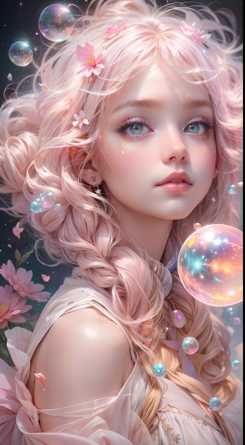 ((masterpiece)). This artwork is dreamy and ethereal, with soft pink watercolor hues. Generate a petite fairy exploring a bubblegum world with a wide variety of pastel shades. Her sweet, realistic face is extremely detailed and has puffy, big lips and stunning, highly realistic eyes. Her eyes are important and should be realistic, highly detailed, and beautiful. In high definition and detail, include lots of details like stars, galaxies, colorful bubbles, colorful petals, and lots of energy and emotion! Include fantasy details, enhanced details, iridescence, colorful glittering wind, and pollen. Pay special attention to her face and make sure it is beautifully and realistically detailed. The image should be dreamy and ethereal.8k, intricate, elegant, highly detailed, majestic, digital photography