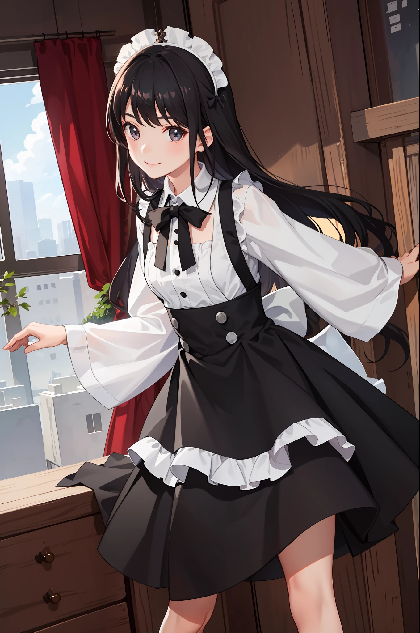 1girl in、A smile、A delightful、skirt by the、(small tits)Chilarism、doress、pinafore、Maids、hair adornments、movement、