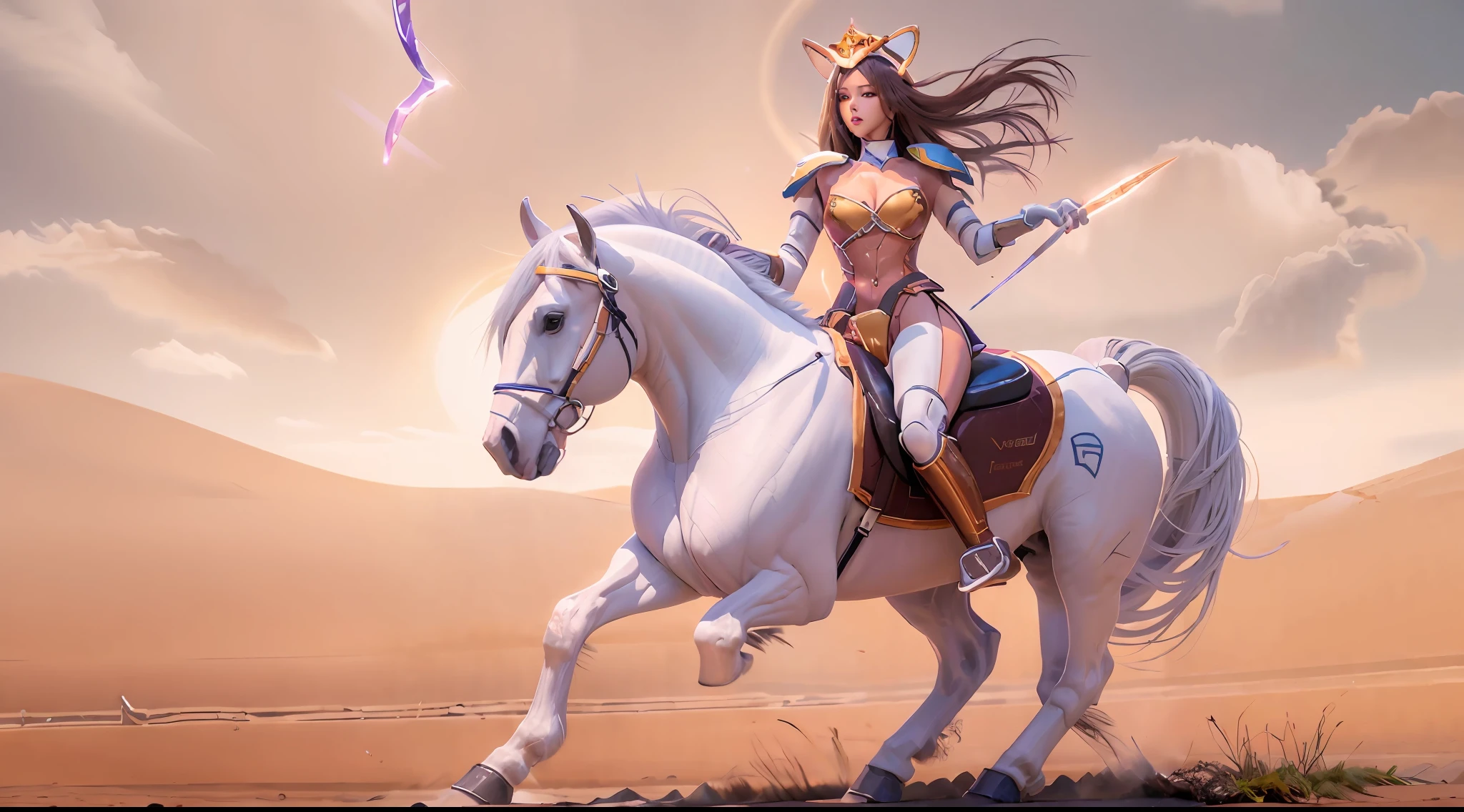 A female centaur,She is famous in the multiverse,She is both a female centaur, half human, half horse, half horse,It is also a female Yingzhao。She blends both images,The first is the head of a horse/neck/Shoulder these parts,After feminization,The upper body transforms into a beautiful female human,Female, half-centaur, half-human, half-horse, half-human,The second is the waist of the horse/hason/gluteal/Legs feminine,Female half-horse with beautiful woman's,Chimer,It's like a female human wearing a half-horse-like costume and making a seamless chimera,This chimerization is based on powerful futuristic technology。The ultra-wide-angle lens captures the image of her sleek and ethereal wings charging and leaping on the ionosphere。Her front half is distinctly feminine,Tall sexy body,Has K cup teardrop-shaped giant tit chest,It has a small man's waist butterfly spanning long legs,The half-horse part of the hind body,Embedded interface in the front half of the body hip position。The back half of her body is horse-shaped,Half-horse torso,The morphology is completely female and humanized,Start at the upper end of the sternum,Embedded in the lower back position of the beauty body,Sexy bent dog style shaped chest/lower back/Ventral transverse,Then there are the sexy beauty's upright hips,Her entire body has been completely feminized,Including the half-horse part,Mechanized armor covers the knee-shaped anti-joints and feet,And these parts are highly anthropomorphic,This gives her legs a graceful and slender line,She has four slender legs like a supermodel,Under the legs are skinny white feet dressed in Skyscraper Heels,Use Midjourney's advanced stroke tools and color palettes, as well as texture packs, model packs, and texture tools,Concentration,Femaleize all parts of her original equine physiologic appearance,And give these parts an ergonomic appearance,Fine treatment of the thoracic and abdominal cavity of the posterior body,As well as hips and legs,Tightly connected details