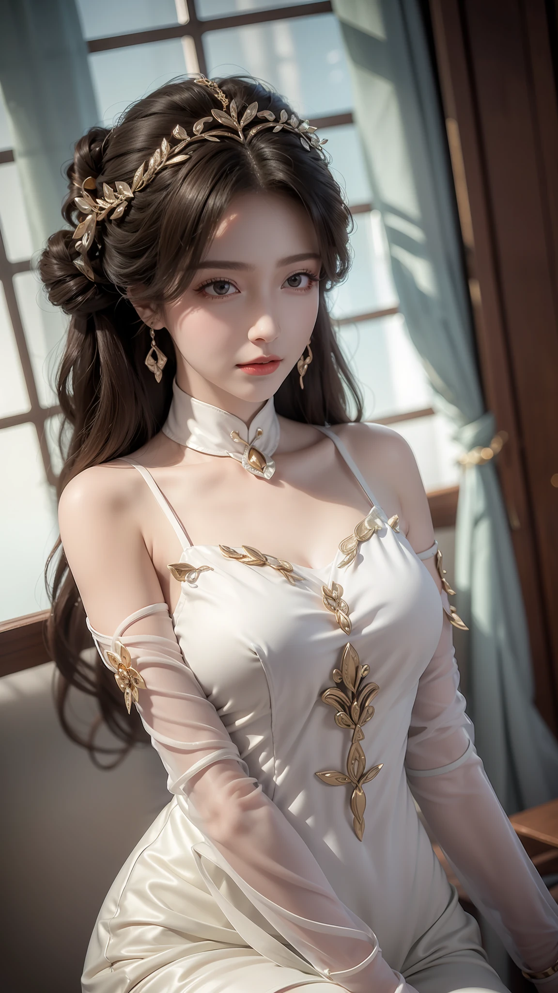 tmasterpiece，Best picture quality，HD 8K wallpaper，Beautiful picture，Elegant single woman，Round dress，Shiny eyes，Detail at its best，An exquisite masterpiece，Pure beauty and lightness，Moderately aesthetic，Gentle and elegant，Attention to detail，Reddish brown lace round dress，Immortal