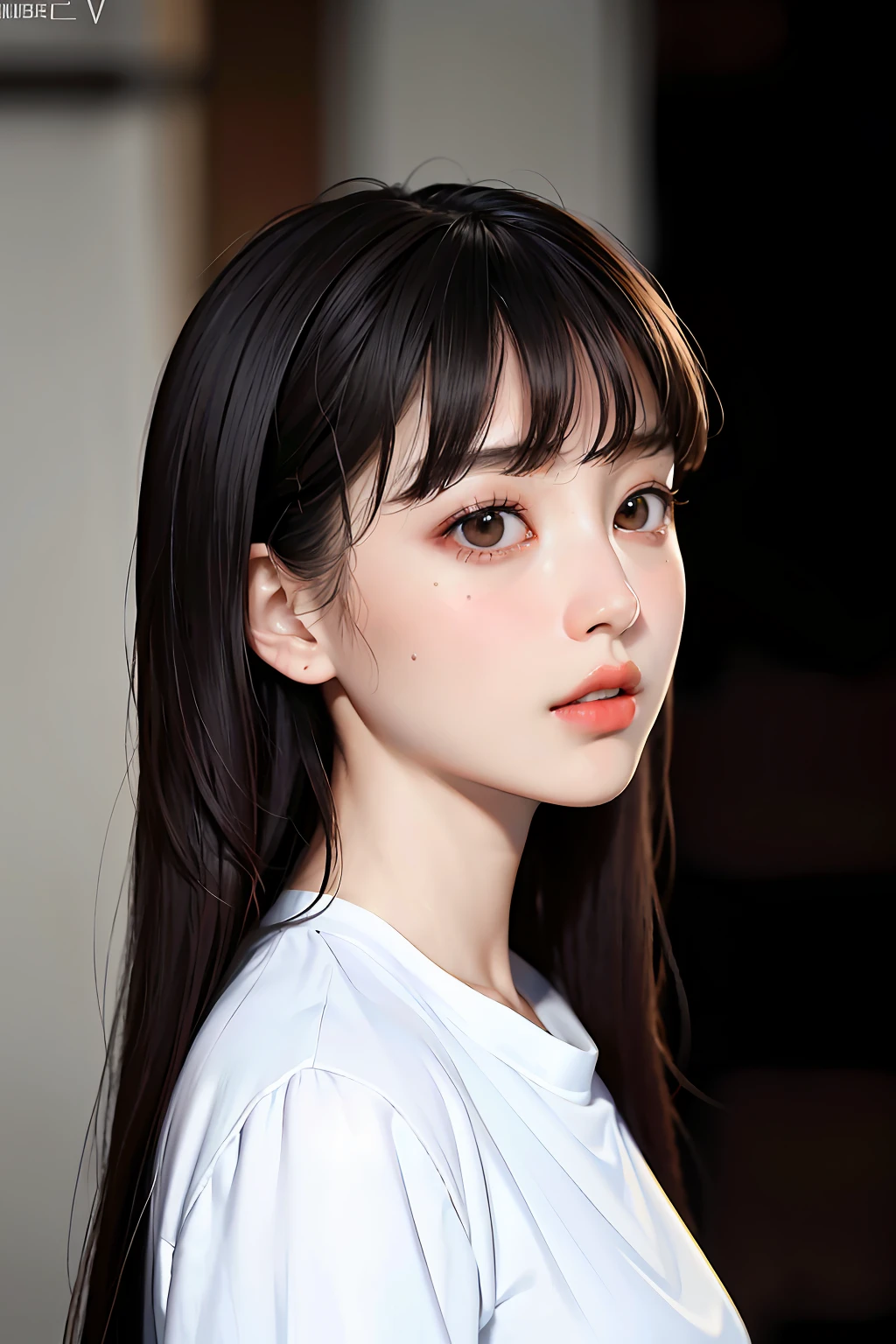 Masterpiece, best quality, (dark photo: 1.3), realistic, 1girl, flat bangs, stunning innocent symmetrical face, shirt, emotional, ulzzang, (PureErosFace_V1: 0.7)
