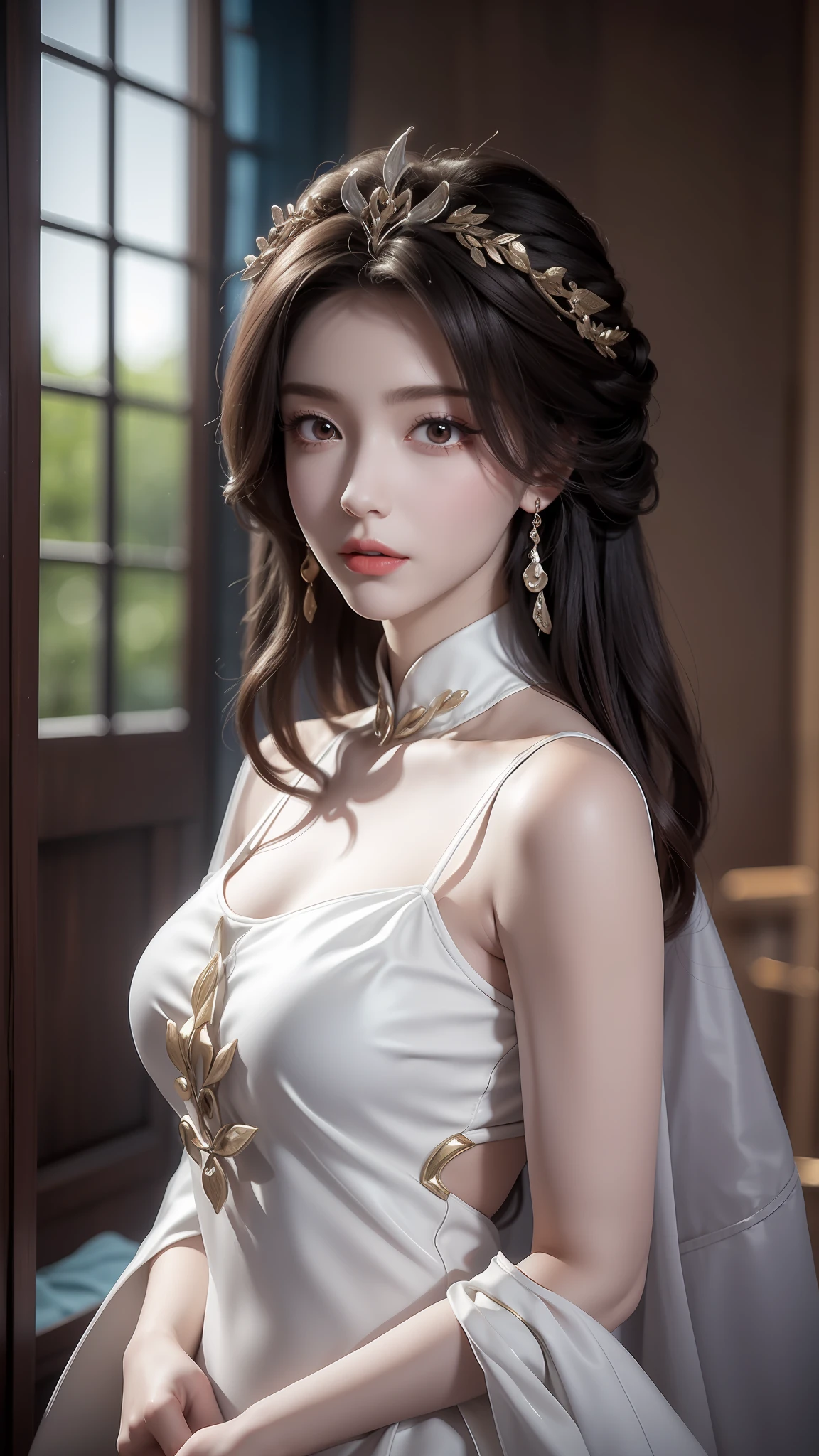 tmasterpiece，Best picture quality，HD 8K wallpaper，Beautiful picture，Elegant single woman，Round dress，Shiny eyes，Detail at its best，An exquisite masterpiece，Pure beauty and lightness，Moderately aesthetic，Gentle and elegant，Attention to detail，Reddish brown lace round dress，Immortal