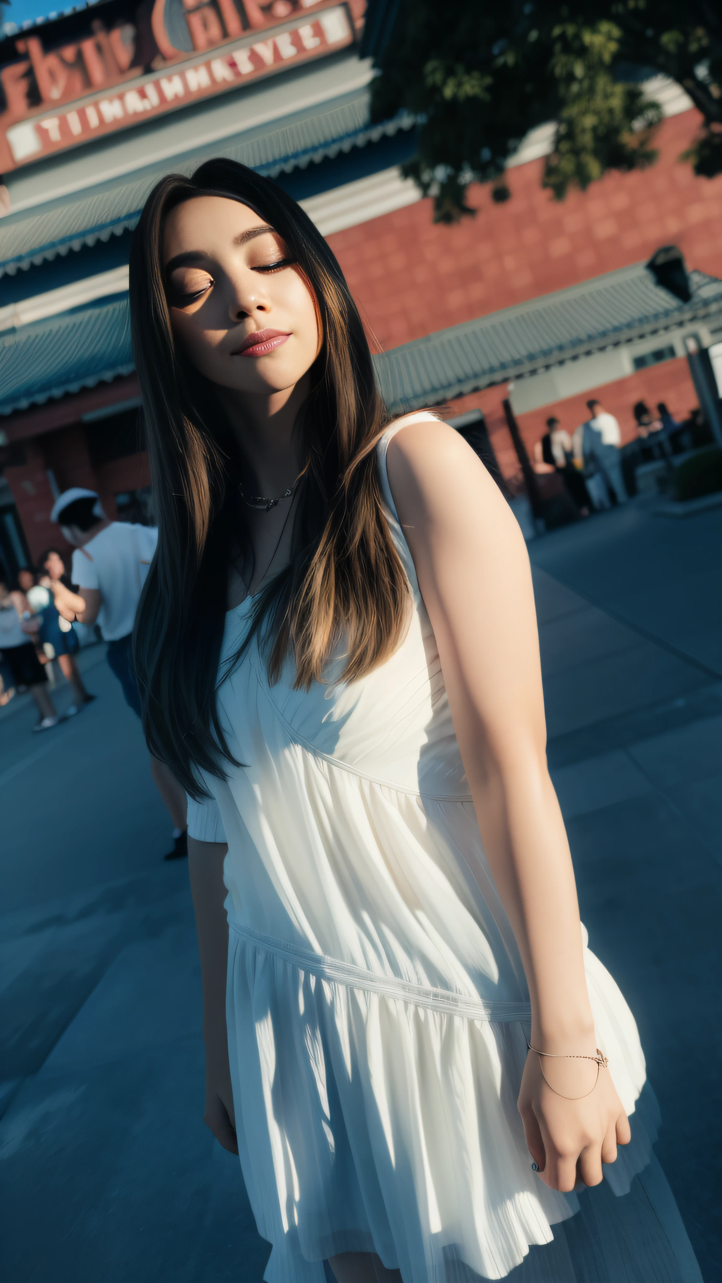(8K, 4K, Best quality, A high resolution:1.1), (Realistic, photo-realistic:1.1), 1girll, Solo, face, double tails, Blonde hair, bangs, Long_Hair, necklace, Earrings, Lips, eye shadows, jewelry, (Looking in the audience：1.8），thin shoulder strap，white  skirt，the detail，hight contrast，eye closeds，Close your eyes and soak up the sun，