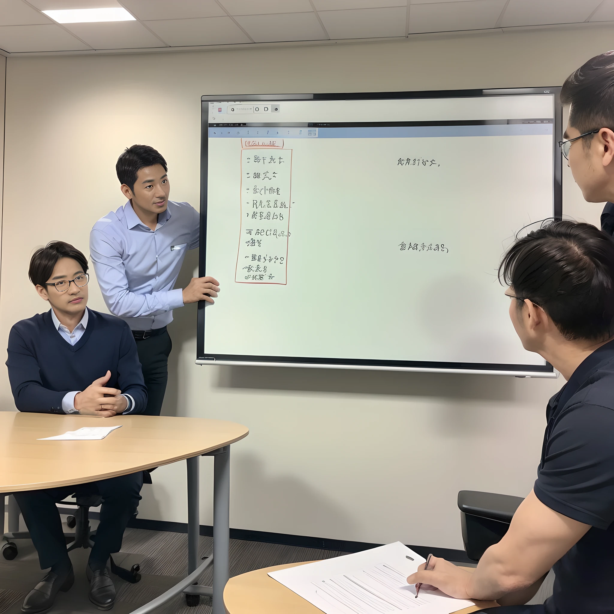 a man in his 40s、s Office、meeting、presentation、whiteboard