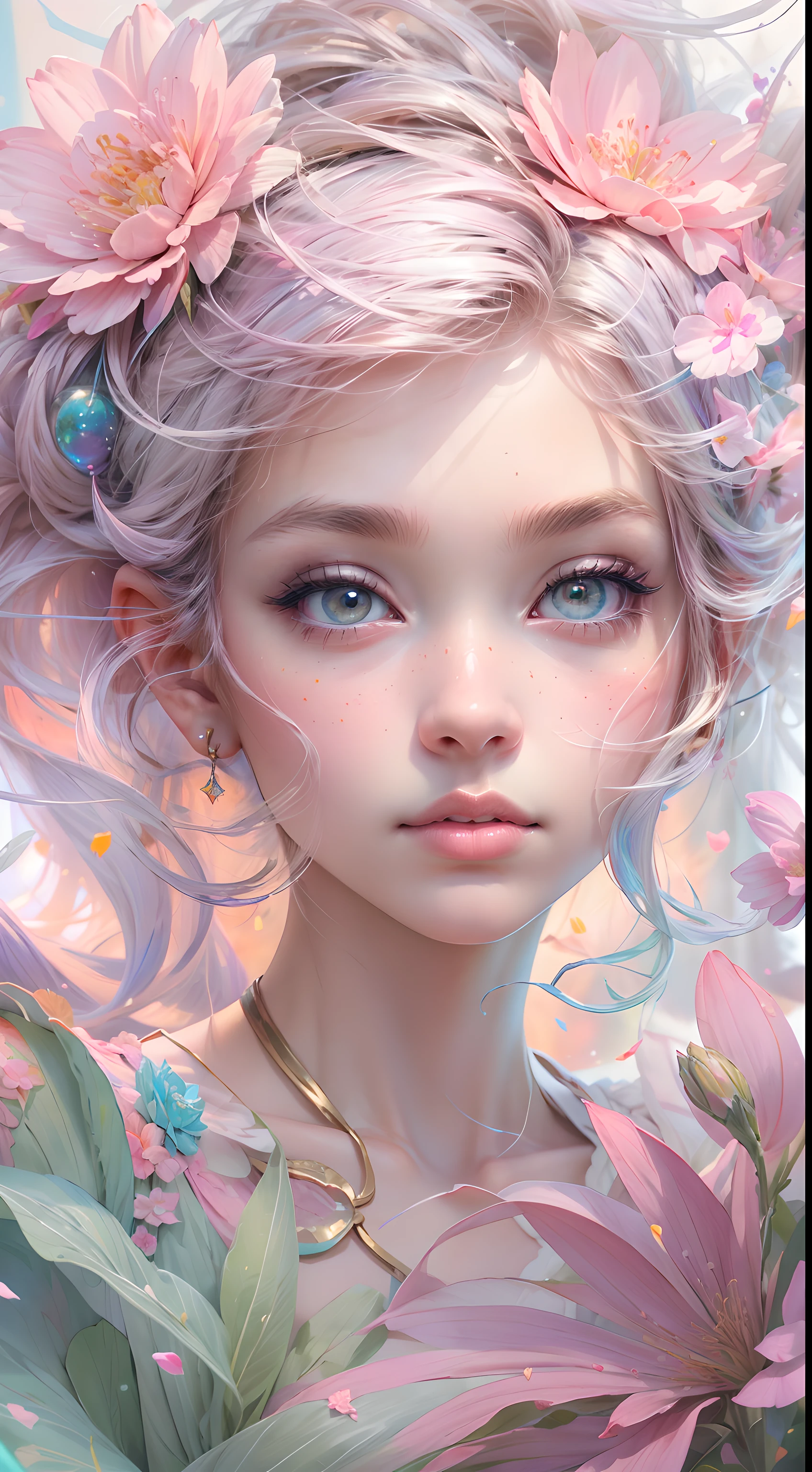 ((masterpiece)). This artwork is dreamy and ethereal, with soft pink watercolor hues. Generate a petite fairy exploring a bubblegum world with a wide variety of pastel shades. Her sweet, realistic face is extremely detailed and has puffy, big lips and stunning, highly realistic eyes. Her eyes are important and should be realistic, highly detailed, and beautiful. In high definition and detail, include lots of details like stars, galaxies, colorful bubbles, colorful petals, and lots of energy and emotion! Include fantasy details, enhanced details, iridescence, colorful glittering wind, and pollen. Pay special attention to her face and make sure it is beautifully and realistically detailed. The image should be dreamy and ethereal.8k, intricate, elegant, highly detailed, majestic, digital photography