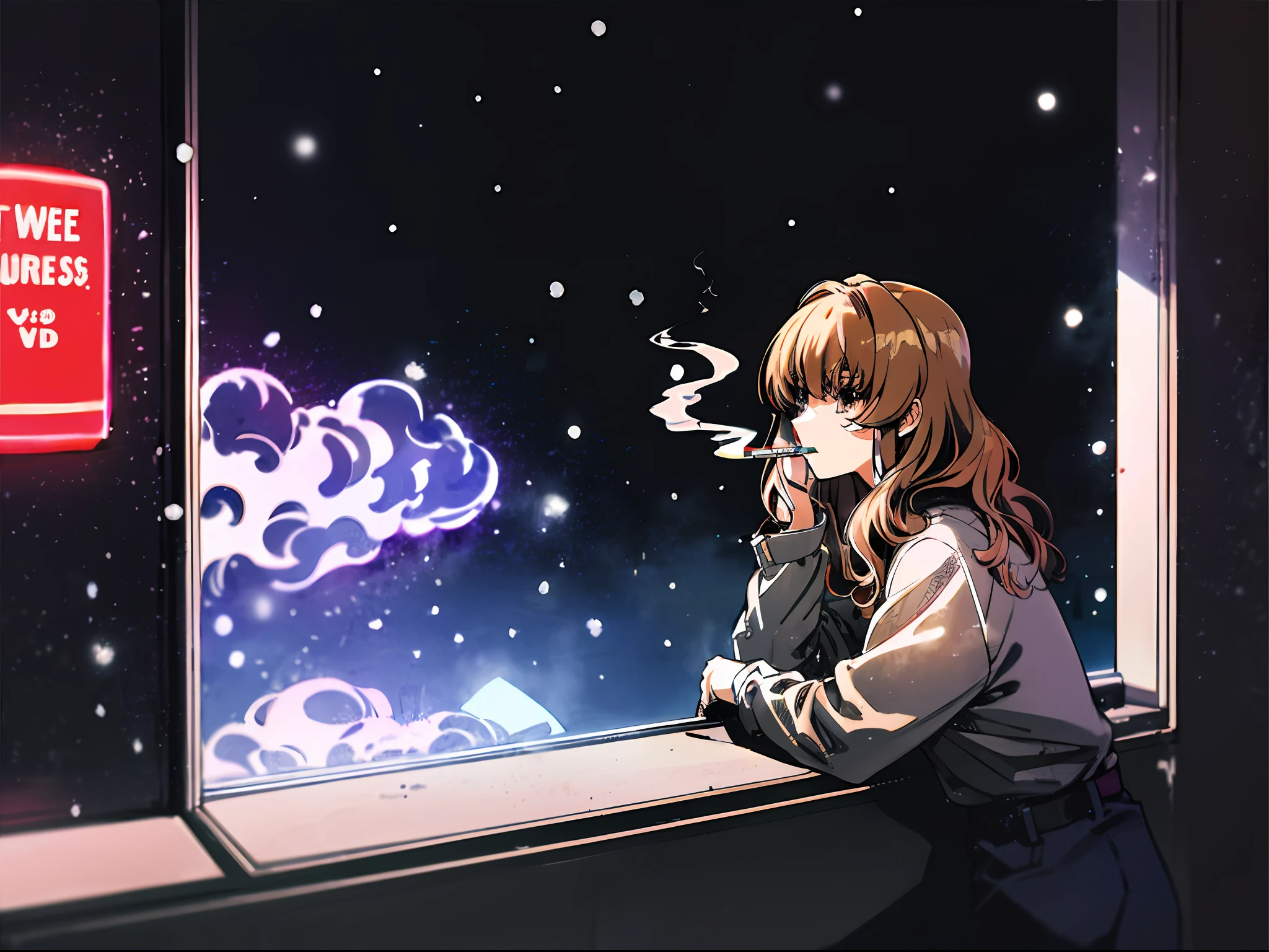 Taiga Aisaka smoking a cigarette looking out the window in a bedroom, (night), winter, (neon lights), VHS, vintage, manga style, snow, black background, (bangs), wavy hair, glitch art, light brown hair