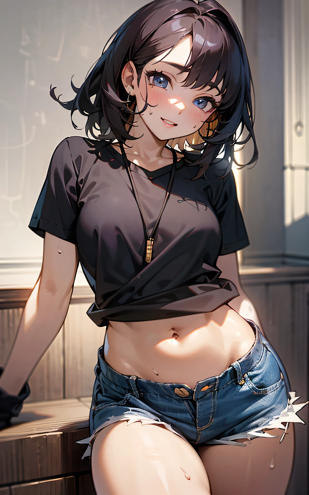 (Unity 16K Wallpaper, Masterpiece, Best Quality, Ultra-Detailed, Extremely Detailed CG, Beautiful Detailed Eyes, solo, curby), Ultra High Resolution, fine skin、sexy, Sweat, short shorts, plain tops, smile, (thigh fetish), 16 years old, realistic clothing, casual clothes, not denim