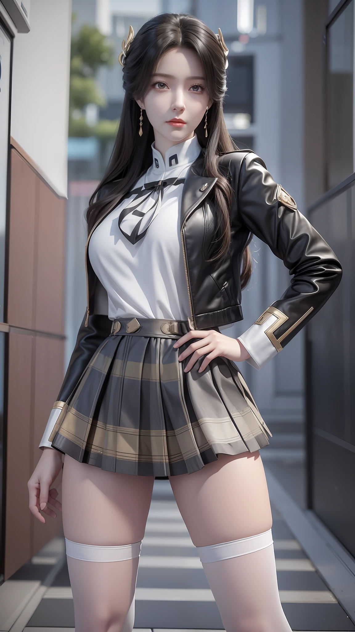 there is a woman in a skirt and a jacket posing for a picture, Surrealism female students, Surrealism female students, Realistic schoolgirl, thighhighs and skirt, photorealistic anime girl rendering, 3 d anime realistic, Smooth anime CG art, photorealistic full body, Photorealistic anime, Realistic anime 3 D style, photorealistic perfect body, wearing skirt and high socks