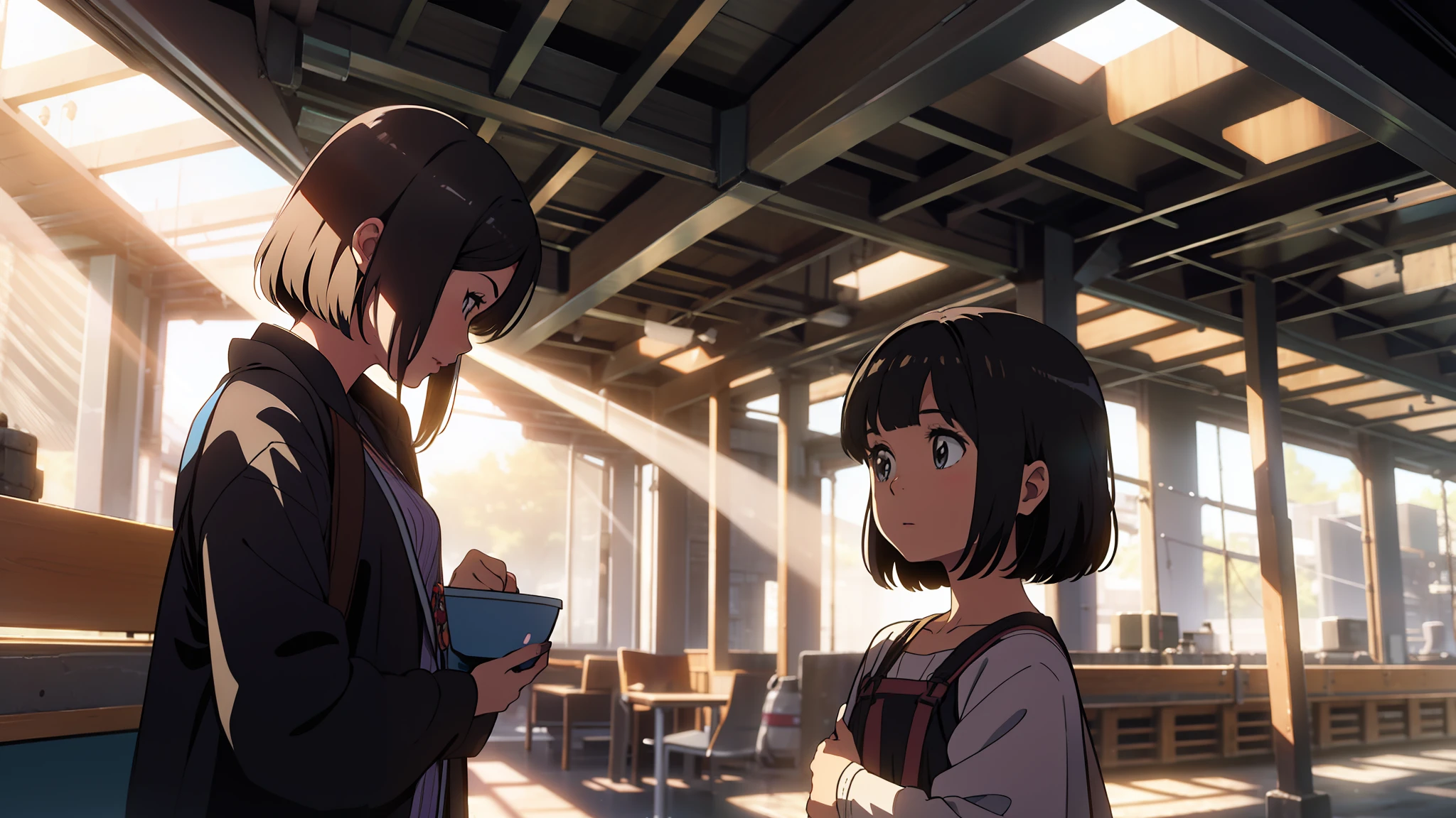 Under the sunlight，A little girl with short hair and a little girl with long hair are chatting