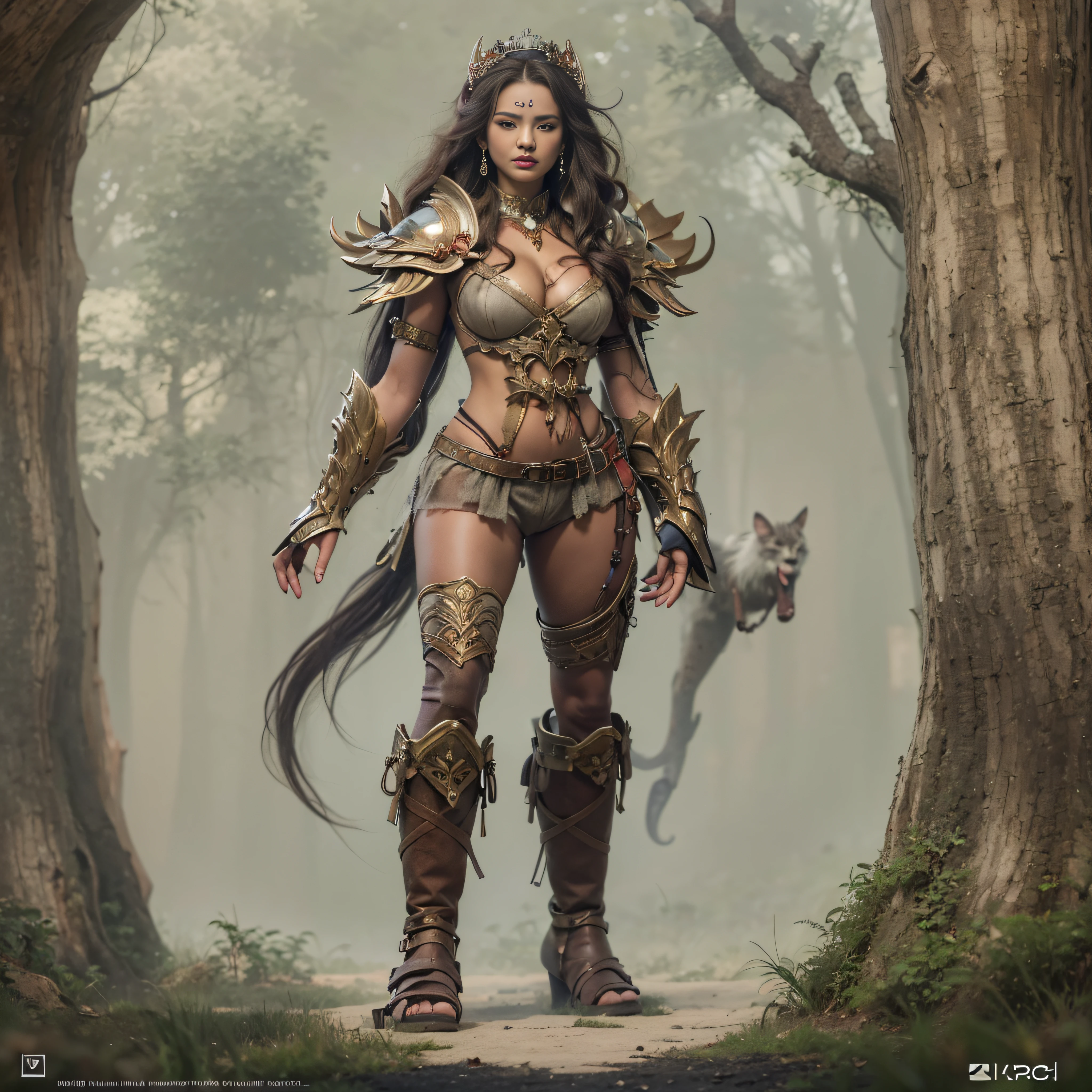 1 orc girl，Ultra-tall，The temperament of a queen，tmasterpiece，best qualityer，Hyper-detailing，Full body illustration，Fine and detailed eyes and detailed face） garments：There are animal ears，Facial expressions are abundant，The upper body is dressed in cotton，Wrap the whole body，Wear cotton shorts on the lower body，Wear knee-length cotton boots，The cuff of the boot is covered with soft hair，The stands up，Go ahead，Taller than a tree，disrupt,（Thick thighs：1.4），（big assa：1.3）Plump body、Robust，There are muscles，Huge size