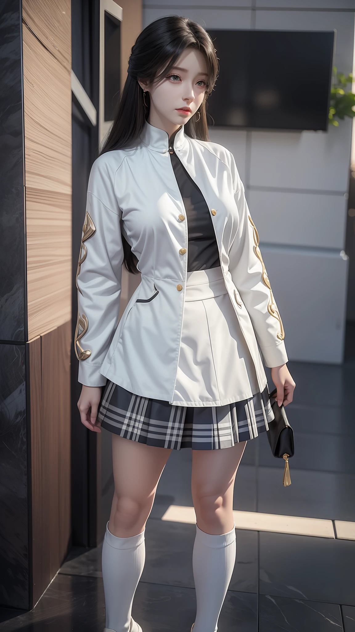 there is a woman in a skirt and a jacket posing for a picture, Surrealism female students, Surrealism female students, Realistic schoolgirl, thighhighs and skirt, photorealistic anime girl rendering, 3 d anime realistic, Smooth anime CG art, photorealistic full body, Photorealistic anime, Realistic anime 3 D style, photorealistic perfect body, wearing skirt and high socks