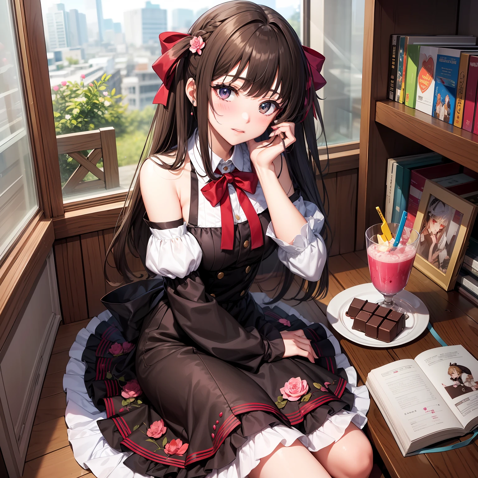 hoang lap、ultra - detailed、best qualityer、offcial art、Break、chocolate、Beautiful highschool girl、Break、brown、Slightly colored hair、Red eyes、Long dress、Valentine's Day、Break、Country of sweets、Lots of colorful sweets、Gumi Break、shortsleeves、a skirt、Shoulders bare、Break、Chocolate Book、Break、White ribbon、Break、