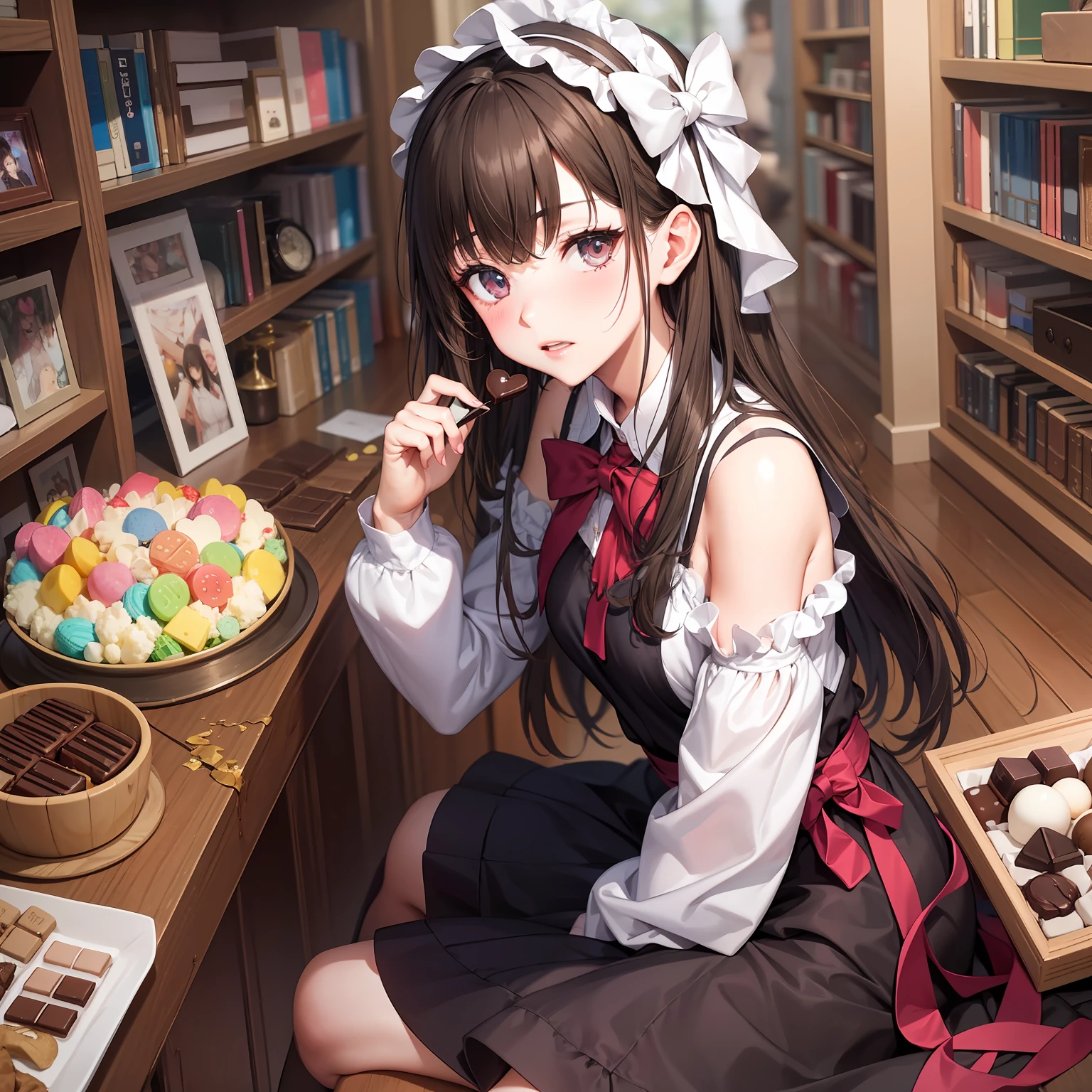 hoang lap、ultra - detailed、best qualityer、offcial art、Break、chocolate、Beautiful highschool girl、Break、brown、Slightly colored hair、Red eyes、Long dress、Valentine's Day、Break、Country of sweets、Lots of colorful sweets、Gumi Break、shortsleeves、a skirt、Shoulders bare、Break、Chocolate Book、Break、White ribbon、Break、