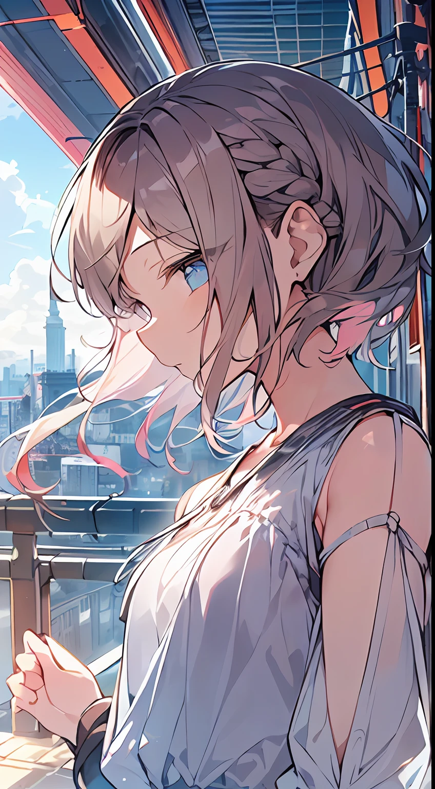 masutepiece, Best Quality,Illustration, Wallpaper, Ultra Detail, absurderes, 1girl in, Solo, (Medium short hair、short braided hair), Beautiful ultra-detailed eyes , (Street:1.3), Sunny bright sky、Hair that flutters in the wind,(a panoramic view:1.5),(Sense of depth:1.3),(longshot:1.3)