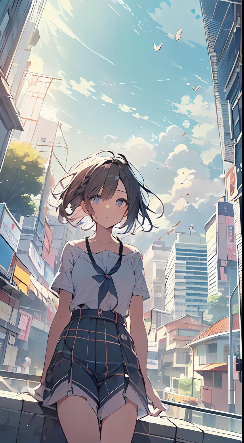 masutepiece, Best Quality,Illustration, Wallpaper, Ultra Detail, absurderes, 1girl in, Solo, (Medium short hair、short braided hair), Beautiful ultra-detailed eyes , (Street:1.3), Sunny bright sky、Hair that flutters in the wind,(a panoramic view:1.5),(Sense of depth:1.3),(longshot:1.3)