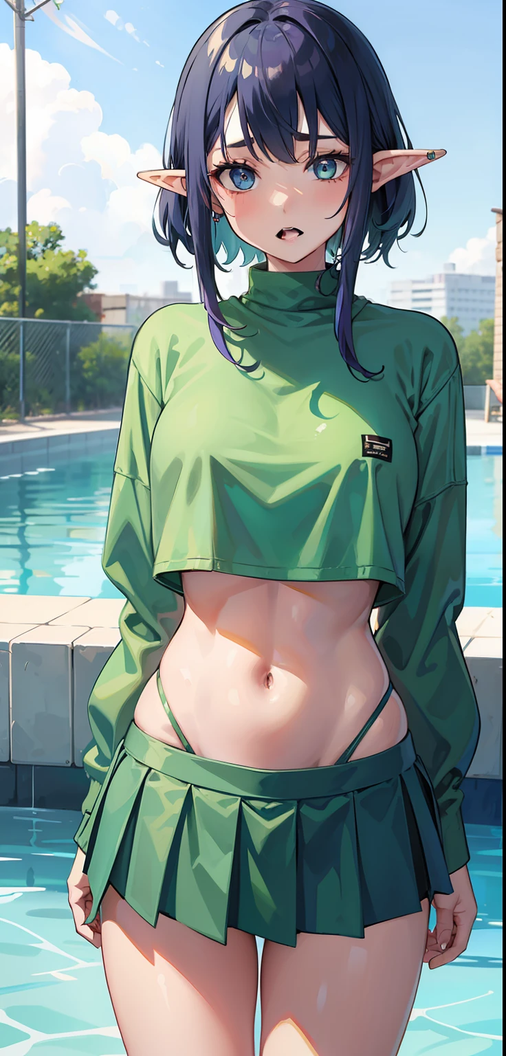 1 Girl, light green eyes, nose, elf ear, eyebrow, open mouth, blue hair dyed purple nape, bangs, hair between the eyes, Watery Big Eyes Sukumizu Wet Hair Hair Spread Out Ear Stud Swimming Pool, lora:add_detail , short sweatshirt on the belly, short skirt, thin waist, belly, big chest, thick legs, big thigh, standing