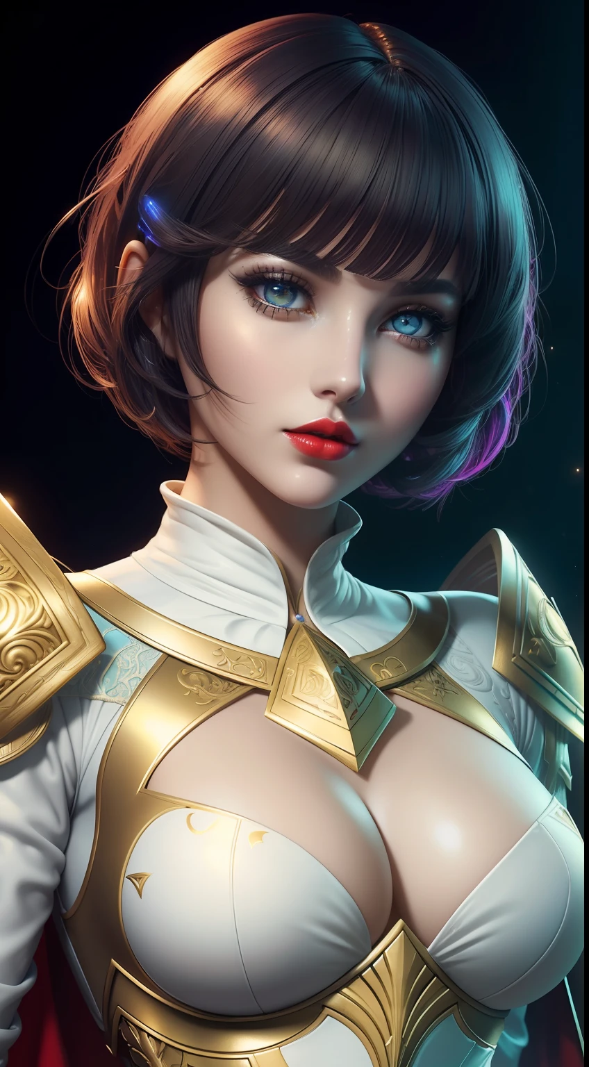 (Masterpiece) realistic BIG bust to the pelvic area ((beauty shape)) of a beauty hyperrealist & photorealist beauty young astonishing idol kpop BLOODBOURNE WITCH girl wearing highly & extremely detailed cropped white & golden futuristic combat suit body with cape & scarf (masterpiece), magic & incantation glowing flying surrounded her, Unity 8k, pearly perfect wet skin with pores (short bob cut hair with colorful bangs fringes) ((perfect face shapes, complete perfect red lips, perfect nose, correct beautiful eyes, eyelashes, detailed intricate iris textured face in ZBrush)), Ultra HD, vines, midnight aura, H.R Giger style aesthetic, developed by Unreal Engine 5, Ultra Sharp Focus, Art by Alberto Seveso, Sci-Fi, vibrant & intricate Artwork, golden Ratio, epic