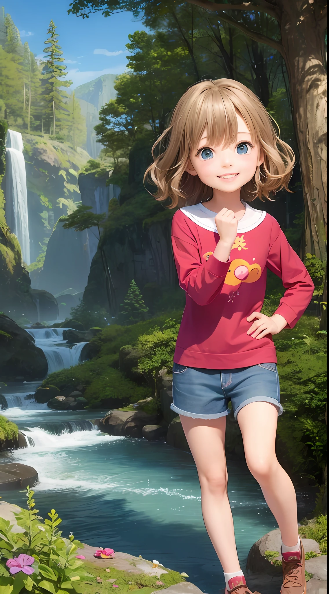 8 year old girl in the Enchanted Forest,Simple clothes,Pixar's smile。