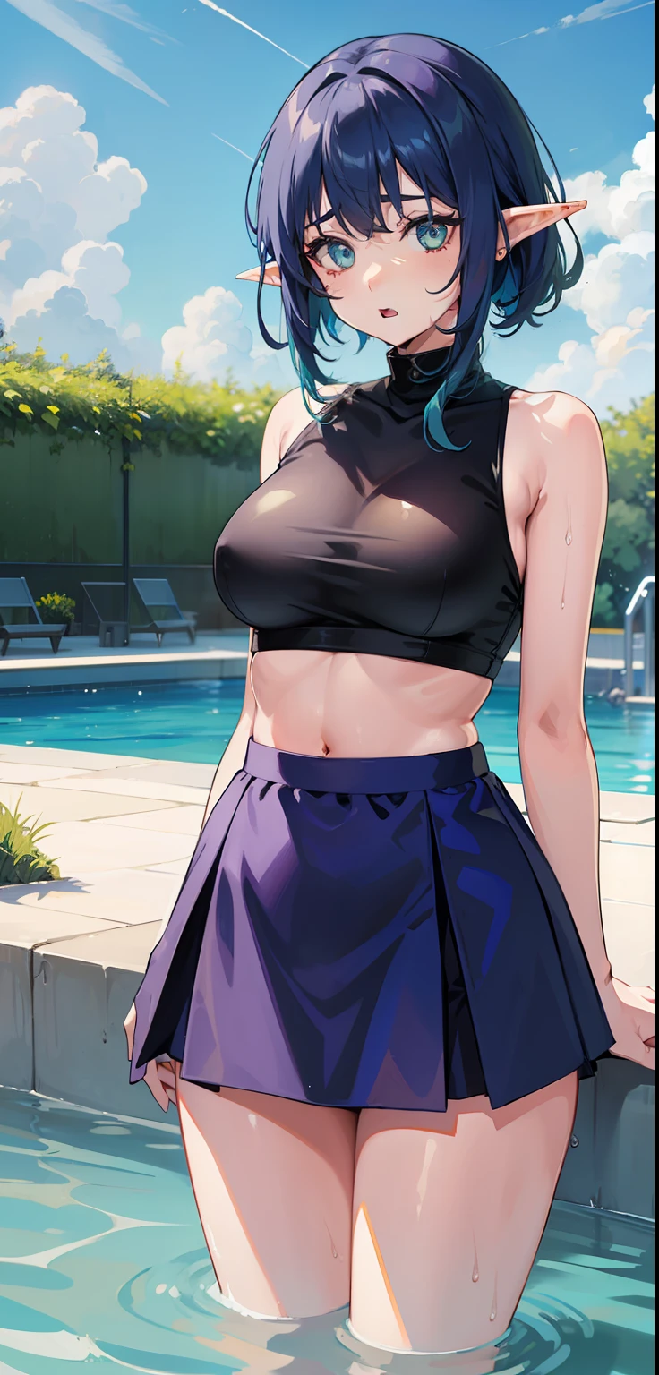 1 Girl, light green eyes, nose, elf ear, eyebrow, open mouth, blue hair dyed purple nape, bangs, hair between the eyes, Watery Big Eyes Sukumizu Wet Hair Hair Spread Out Ear Stud Swimming Pool, lora:add_detail , short sweatshirt on the belly, short skirt, thin waist, belly, big chest, thick legs, big thigh, standing