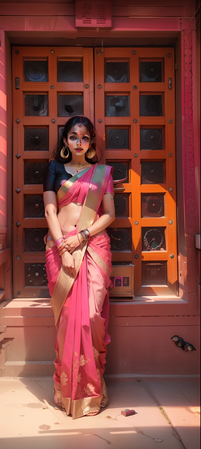 Pink saree, hand watch, back door, background, red konkuma on forehead, black bouse, earrings,