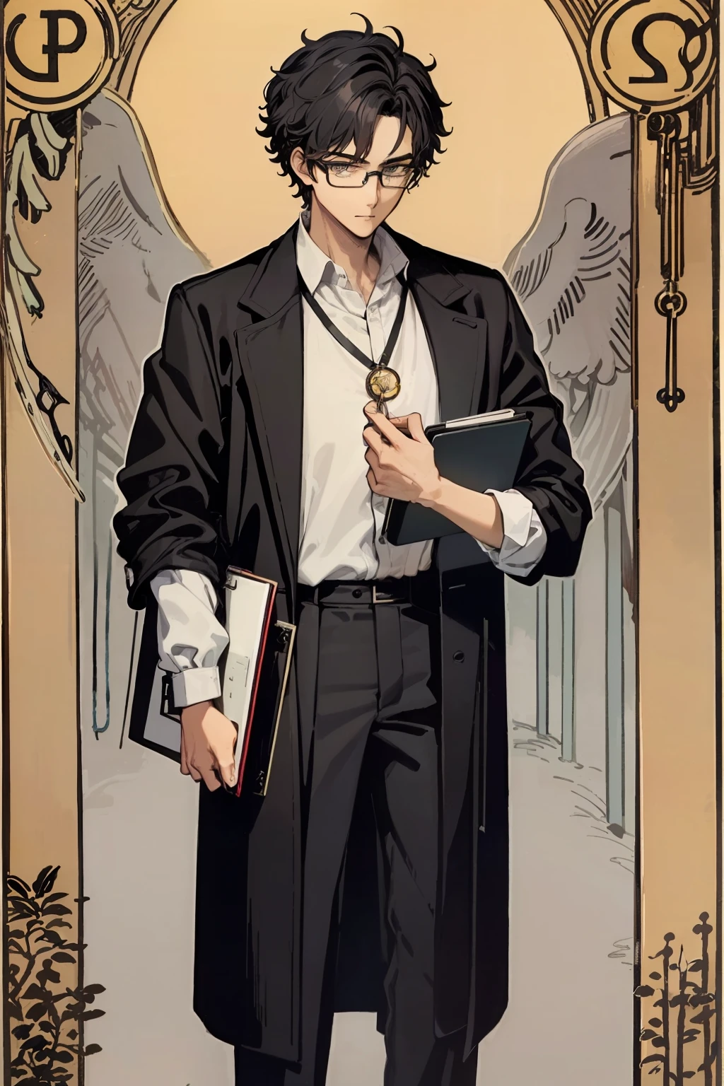 tarot card, the nerd, man, wearing eyeglasses, wearing brow trench coat, fluffy hair, black shirt and pants, standing, holding clipboard