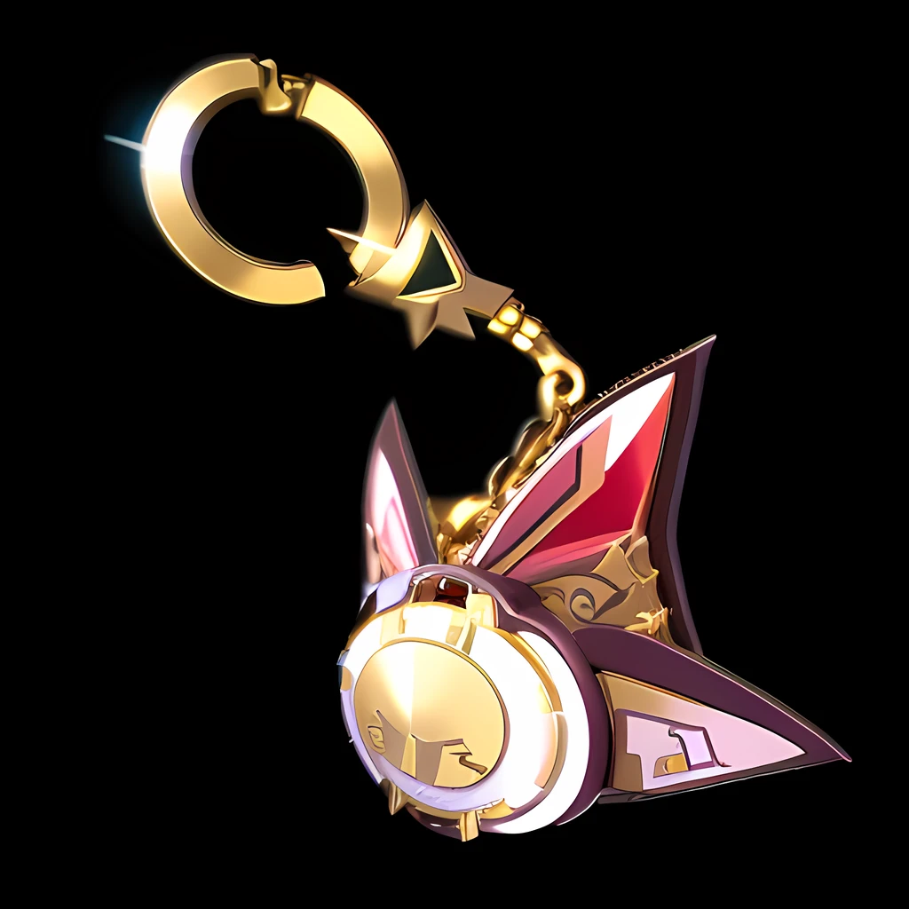 Long gold watch with key ring,Item icons in 2D games like Zelda,There are two cat ears on it,The style of Ilustatian design,In Studio Ghibli style,bunnycore,Use pastel colors,Red,Black and gold,Tilt-Shift,Close-up(CU)