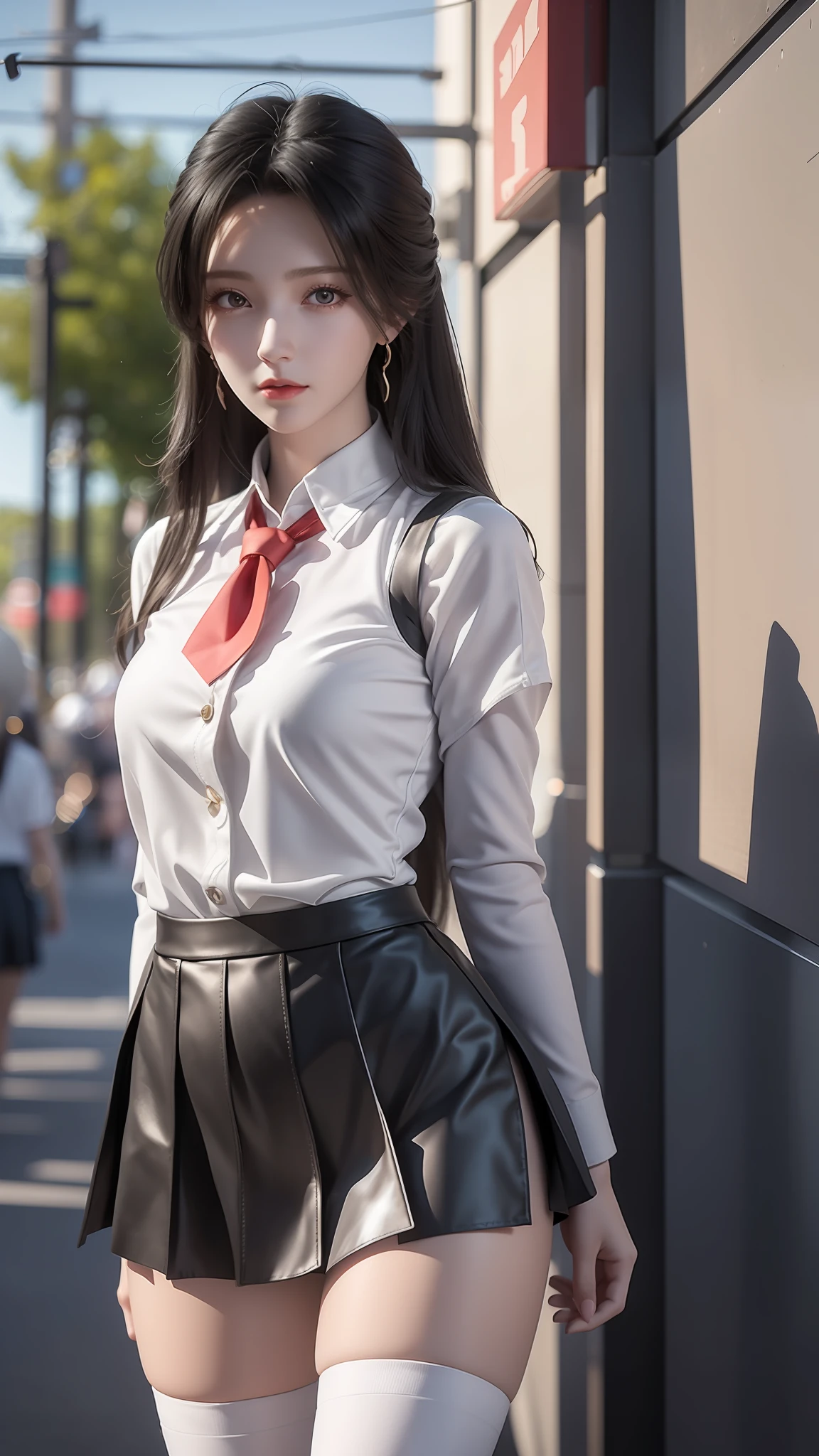 Arad woman posing for photo in short skirt and white shirt, Surrealism female students, Surrealism female students, Realistic schoolgirl, photorealistic anime girl rendering, thighhighs and skirt, 3 d anime realistic, small curvaceous ****, wearing skirt and high socks, Photorealistic anime, cute female student, Realistic anime 3 D style, female student