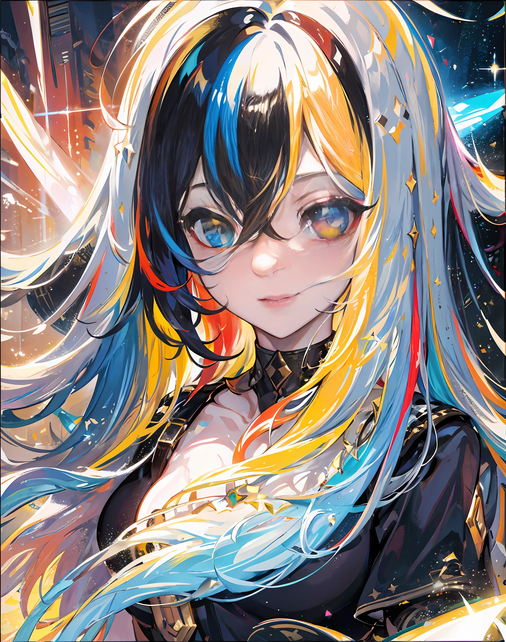 {{masterpiece}}, best quality, cinematic lighting, lens flare, medium breasts, beautiful detail eyes, multicolor hair, colorful light particles, heterochromia, (colorful:1.5), (colorful hair:1.5),