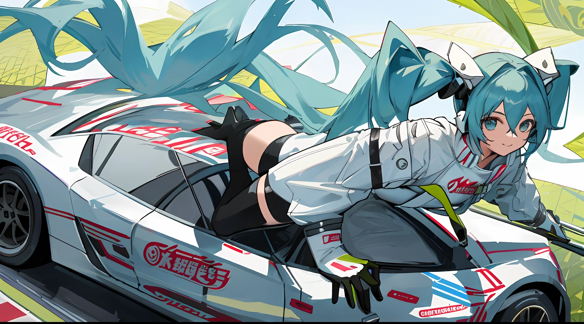 tmasterpiece，（ultra - detailed），1girll， ssmile， The Car， racer， Racing Tracks， Racing Miku， black reotard， Cropped jacket， White jacket， longer sleeves， Two-tone gloves， thigh boots，dual horsetail