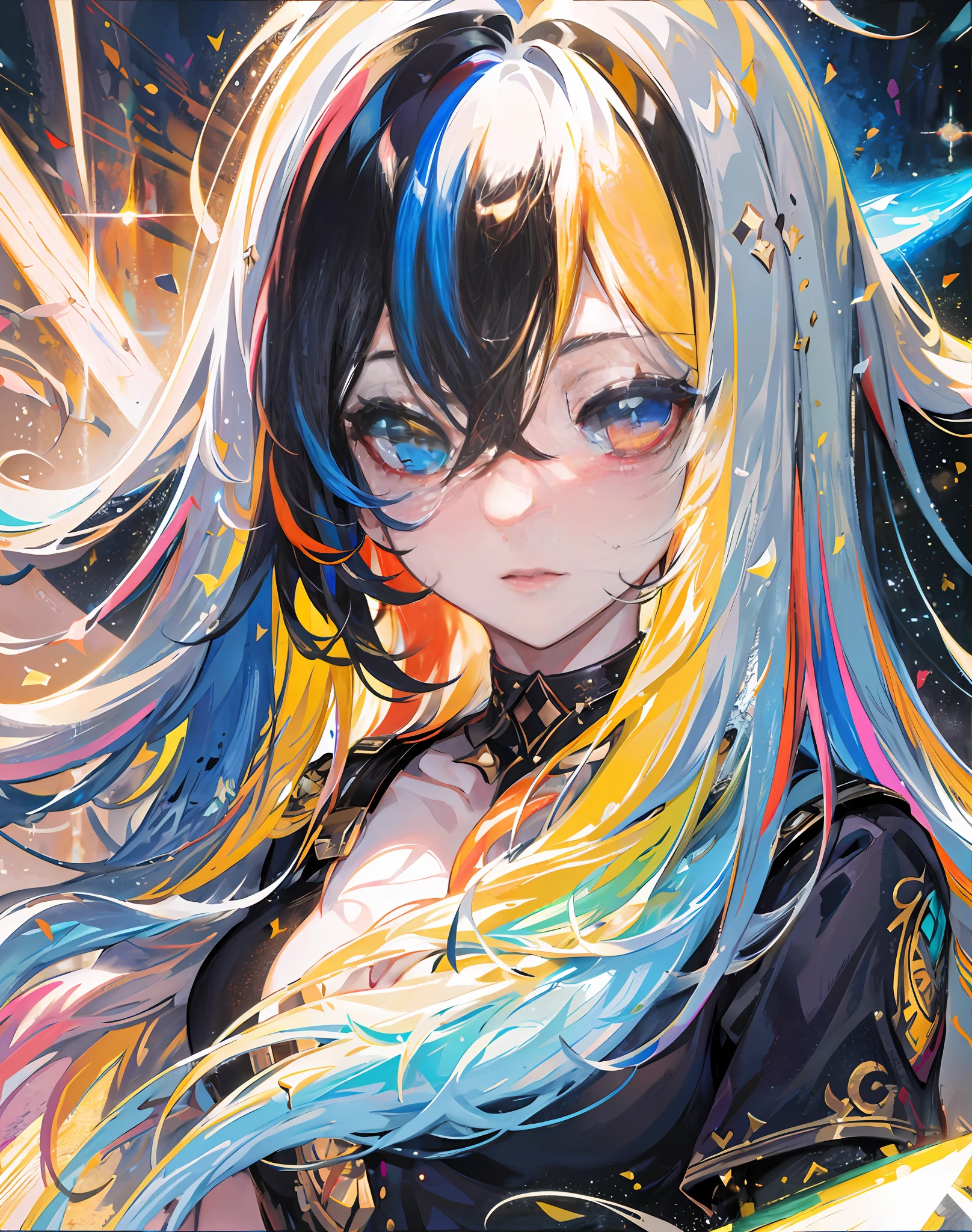 {{masterpiece}}, best quality, cinematic lighting, lens flare, medium breasts, beautiful detail eyes, multicolor hair, colorful light particles, heterochromia, (colorful:1.5), (colorful hair:1.5),