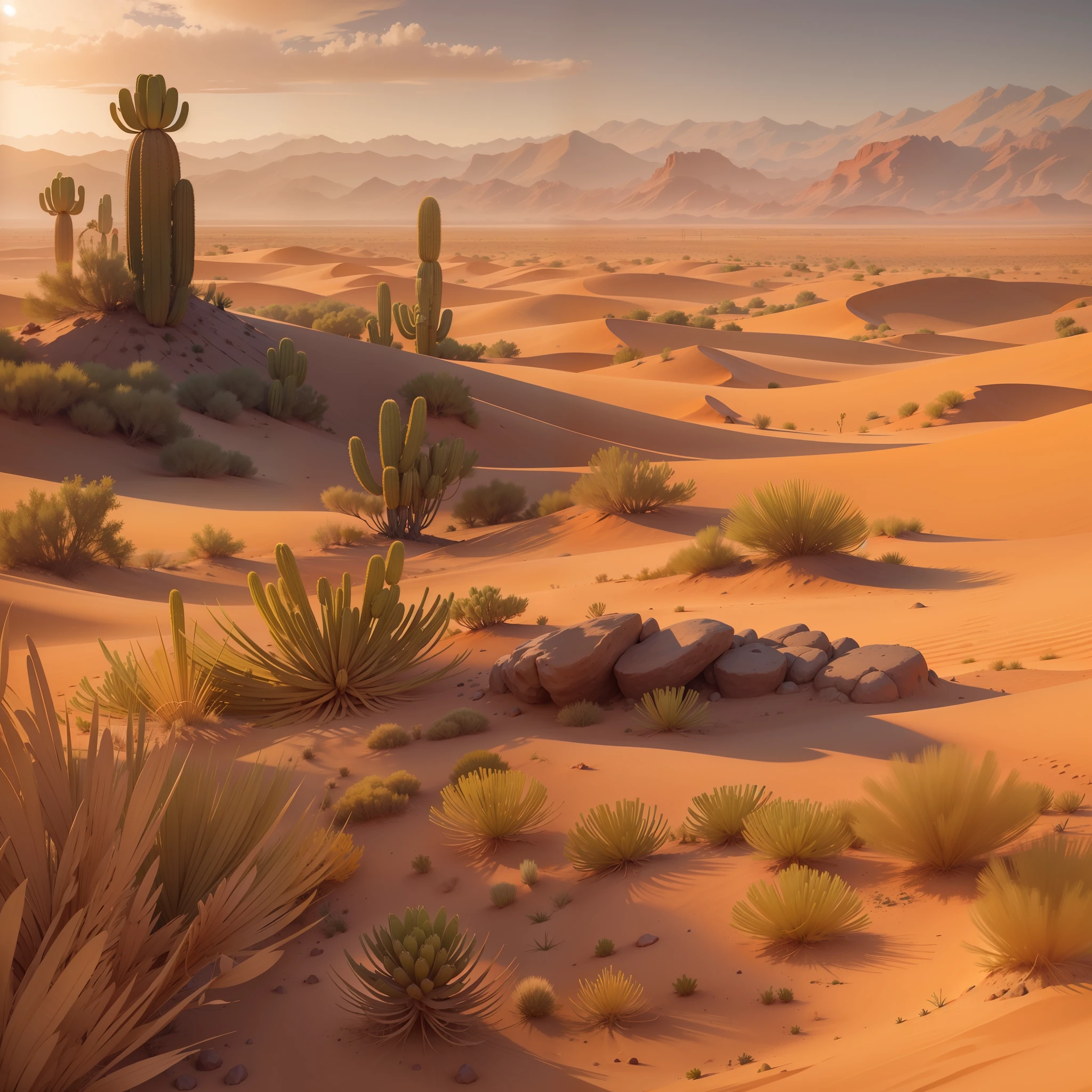 Faraway view,eventide,In the distance is the desert battlefield,There are oases in the desert,Up close, there is a row of grass in front of the screen and below,The is very detailed,best qualtiy