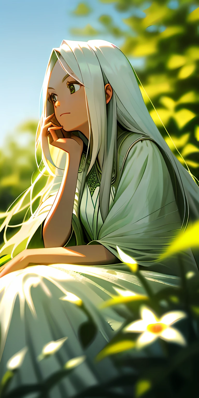 (masterpiece, best quality),1girl with long white hair sitting in a field of green plants and flowers, her hand under her chin, warm lighting, white dress, blurry foreground